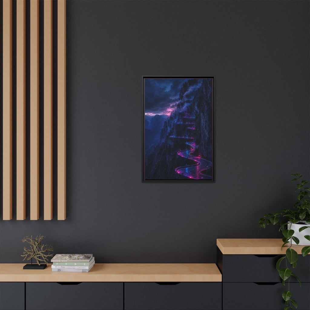 Neon Mountain Road Matte Canvas Print — Framed Nightscape Wall Art