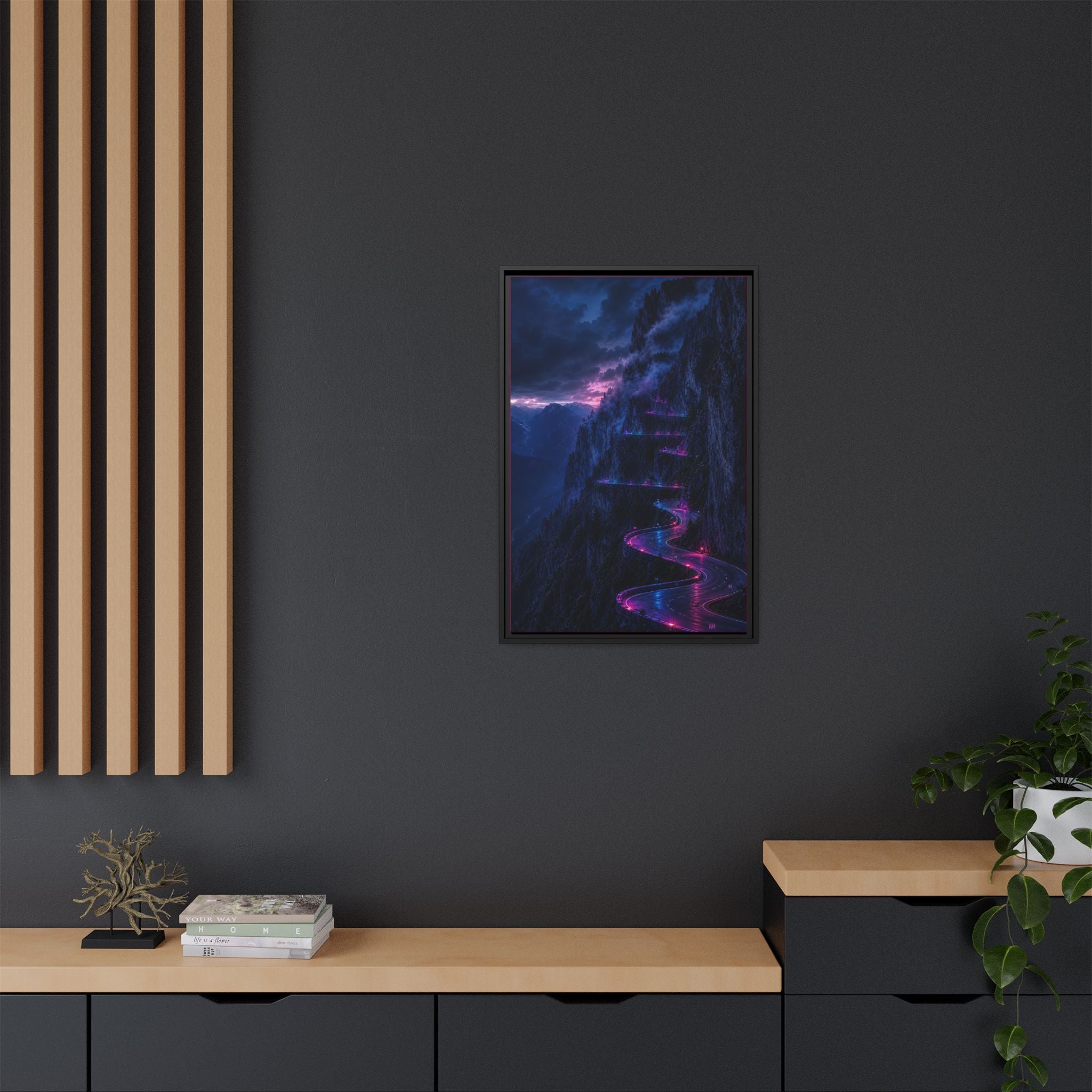 Neon Mountain Road Matte Canvas Print — Framed Nightscape Wall Art