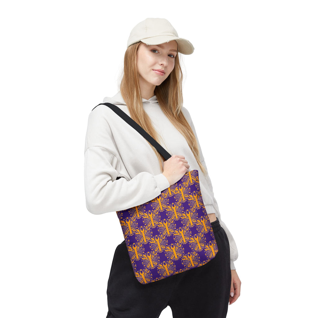 Purple & Gold Wrench Pattern Tote Bag – Automotive All-Over Print Tote