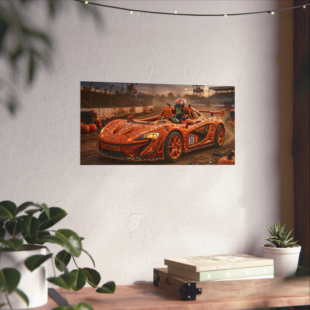 Halloween Race Car Poster — Orange Pumpkin Sports Car Matte Horizontal Print