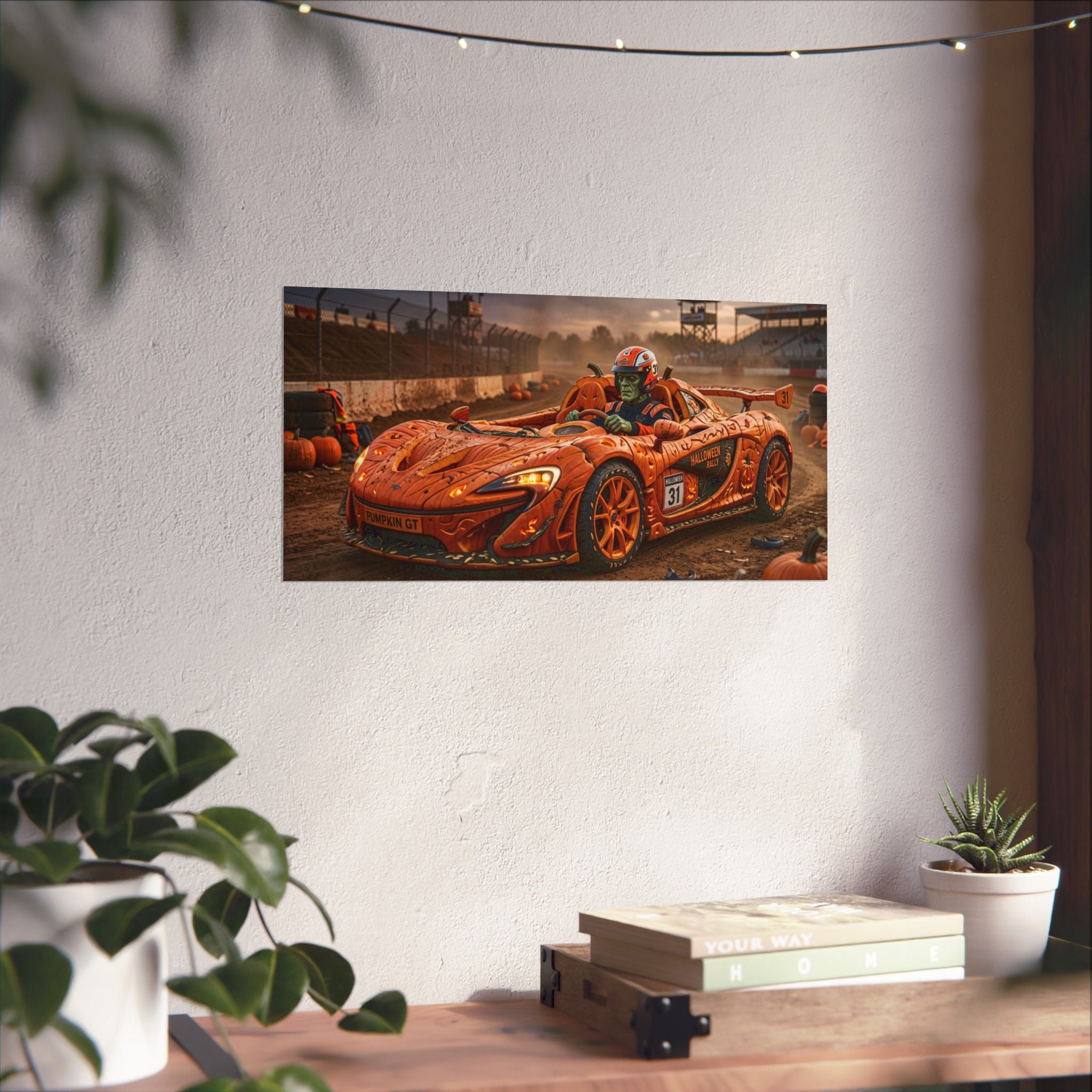 Halloween Race Car Poster — Orange Pumpkin Sports Car Matte Horizontal Print