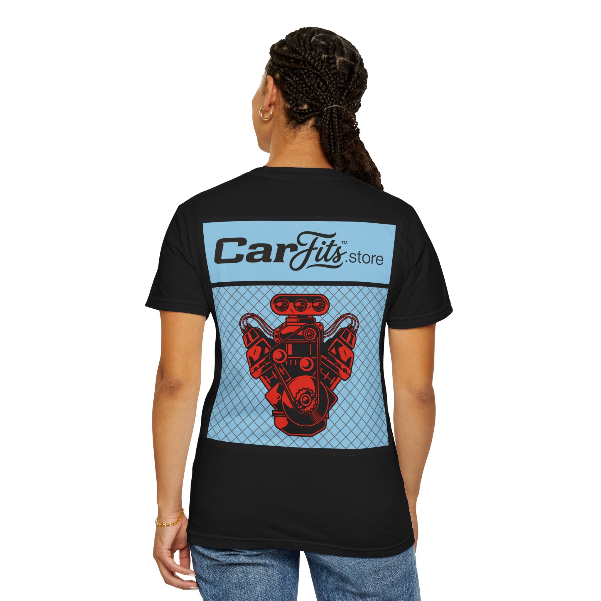 CarFits.store Big Prints T-Shirt — Retro Engine & Scenic Drive