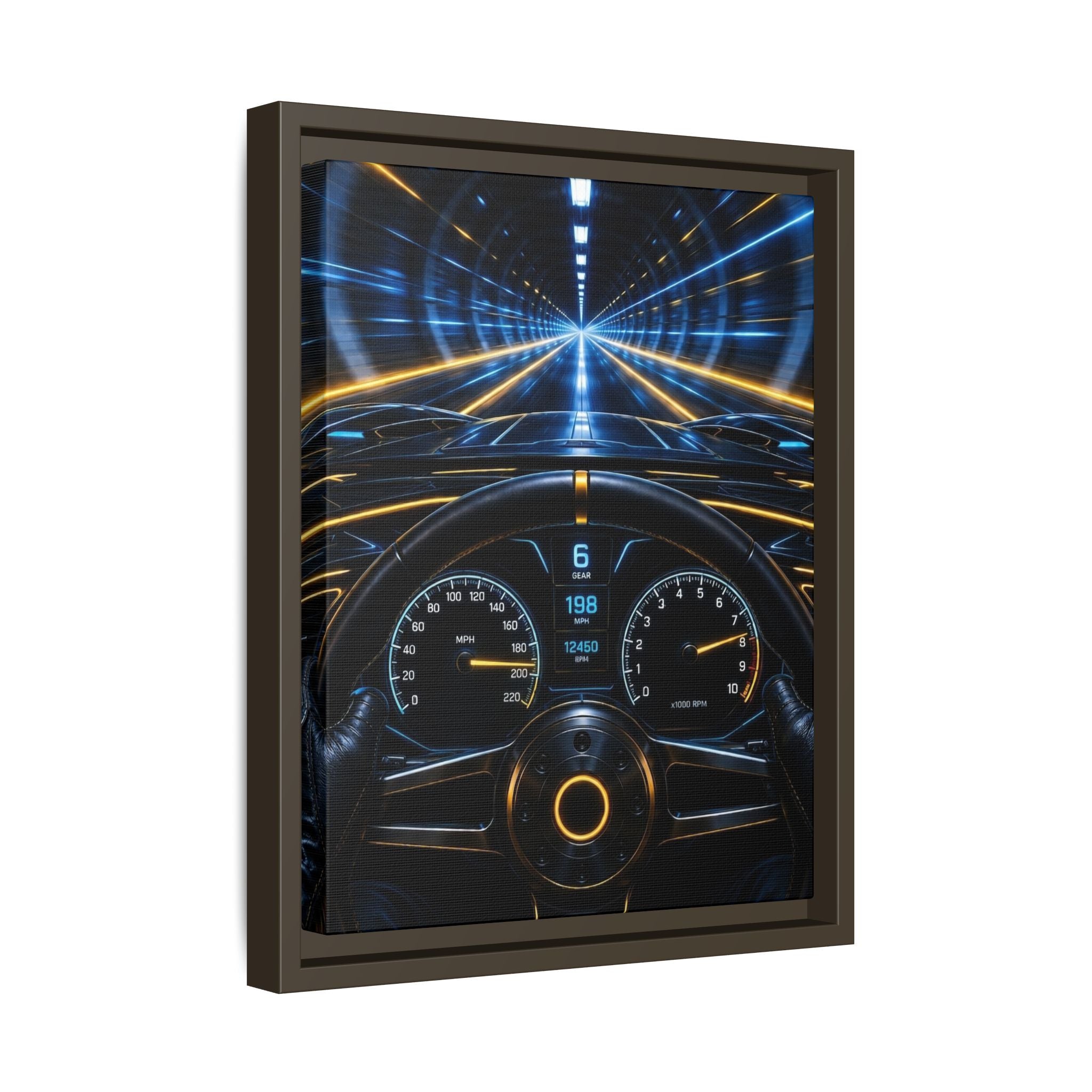Tunnel Drive Framed Canvas Print — Retro Futuristic Car Dashboard Wall Art