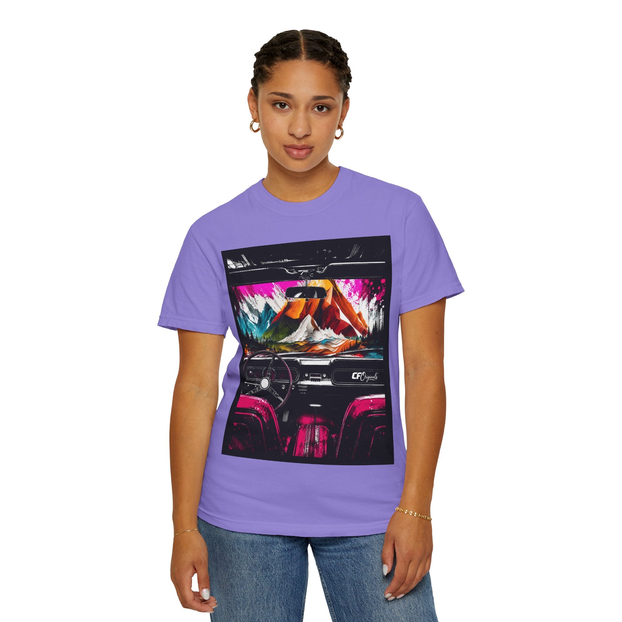 CarFits.store Big Prints T-Shirt — Retro Engine & Scenic Drive