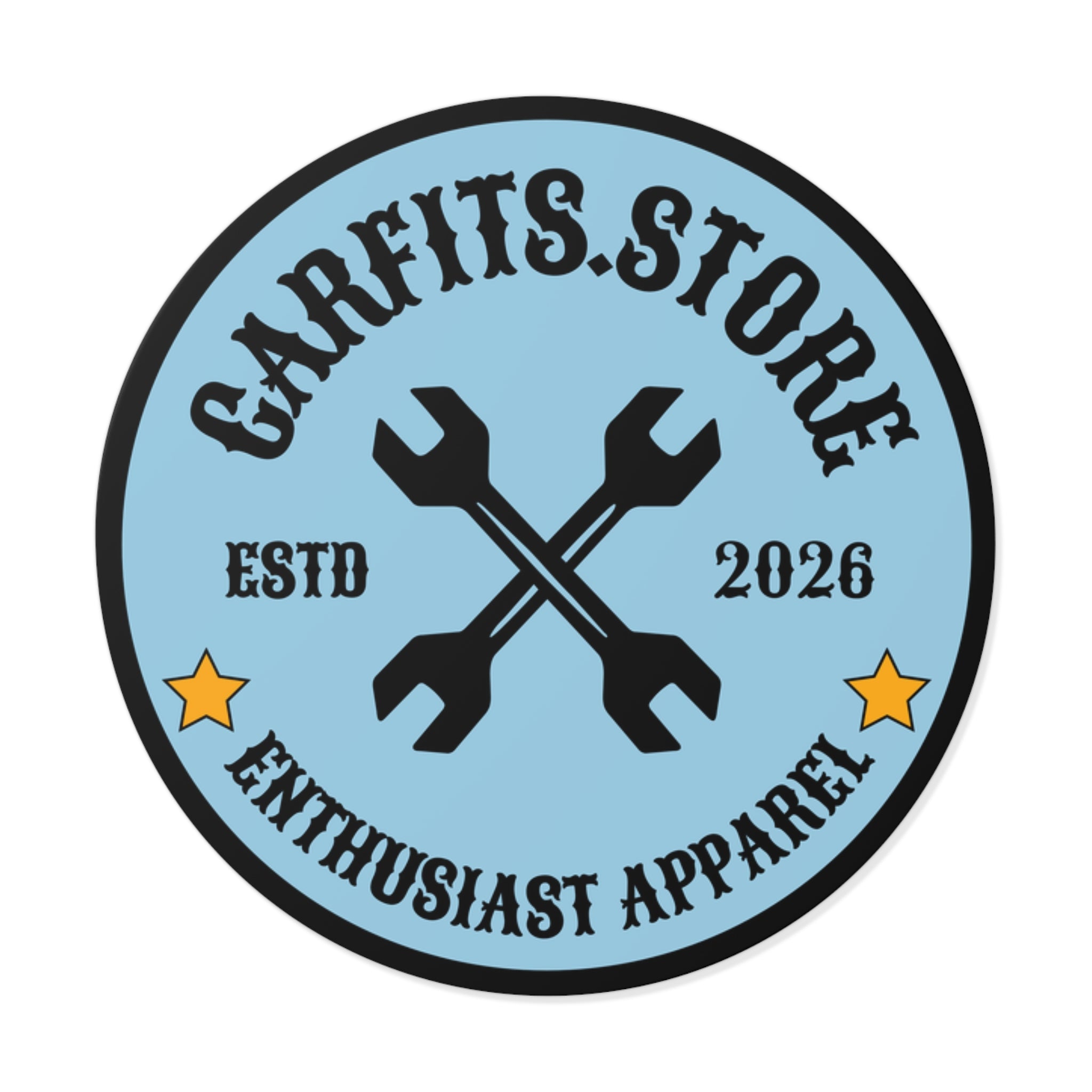 Logo Round Vinyl Sticker — 'CARFITS.STORE' Wrench Emblem (ESTD 2026)