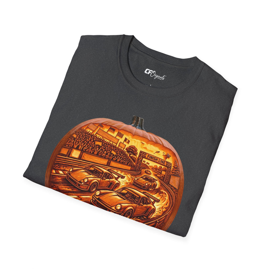 Vintage Racing Pumpkin T-Shirt — Retro Car Grand Prix Halloween Tee