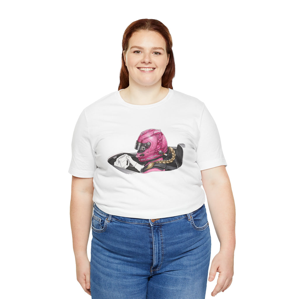 Drive Like a Girl — Pink Racing Helmet Graphic T-Shirt