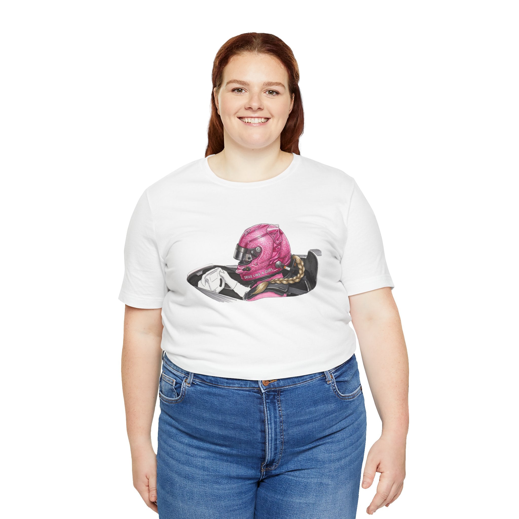 Drive Like a Girl — Pink Racing Helmet Graphic T-Shirt