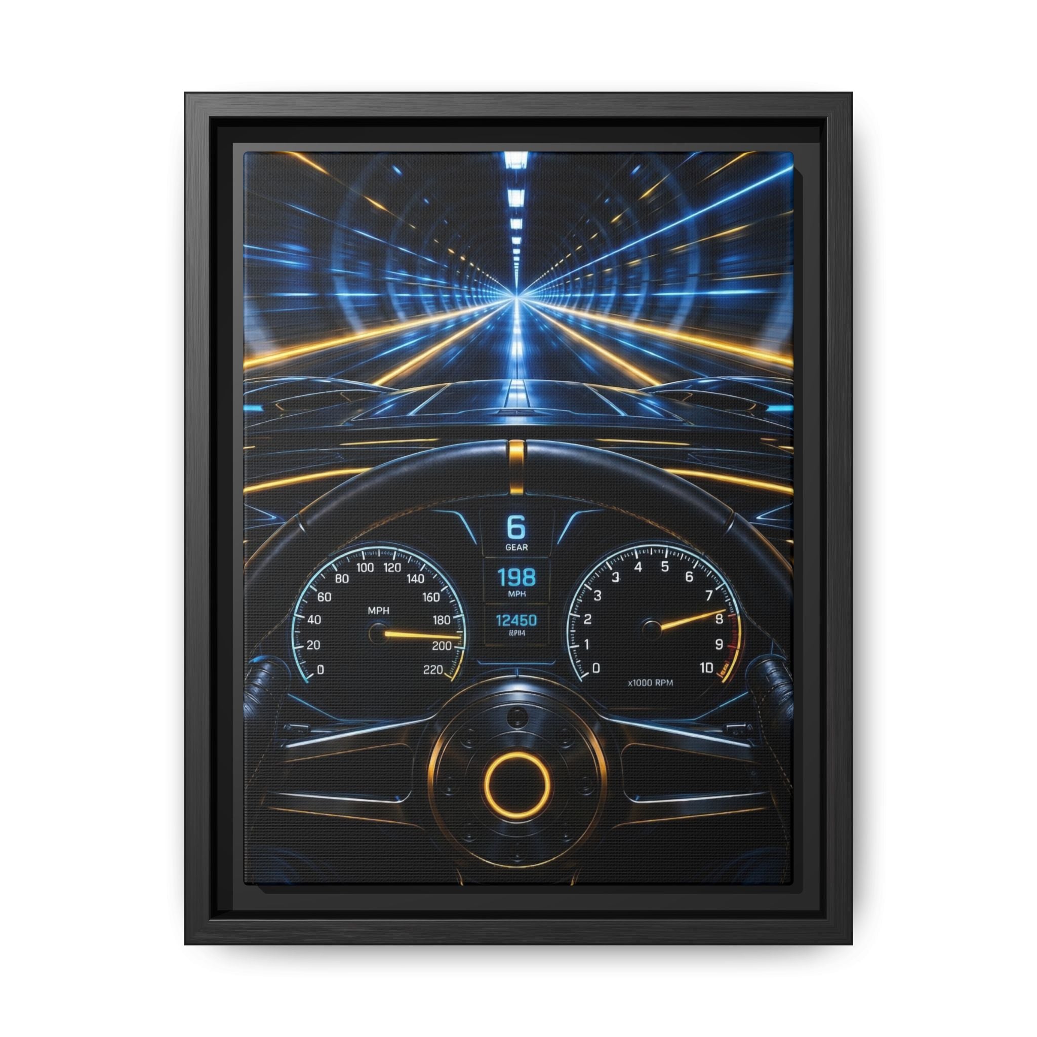 Tunnel Drive Framed Canvas Print — Retro Futuristic Car Dashboard Wall Art