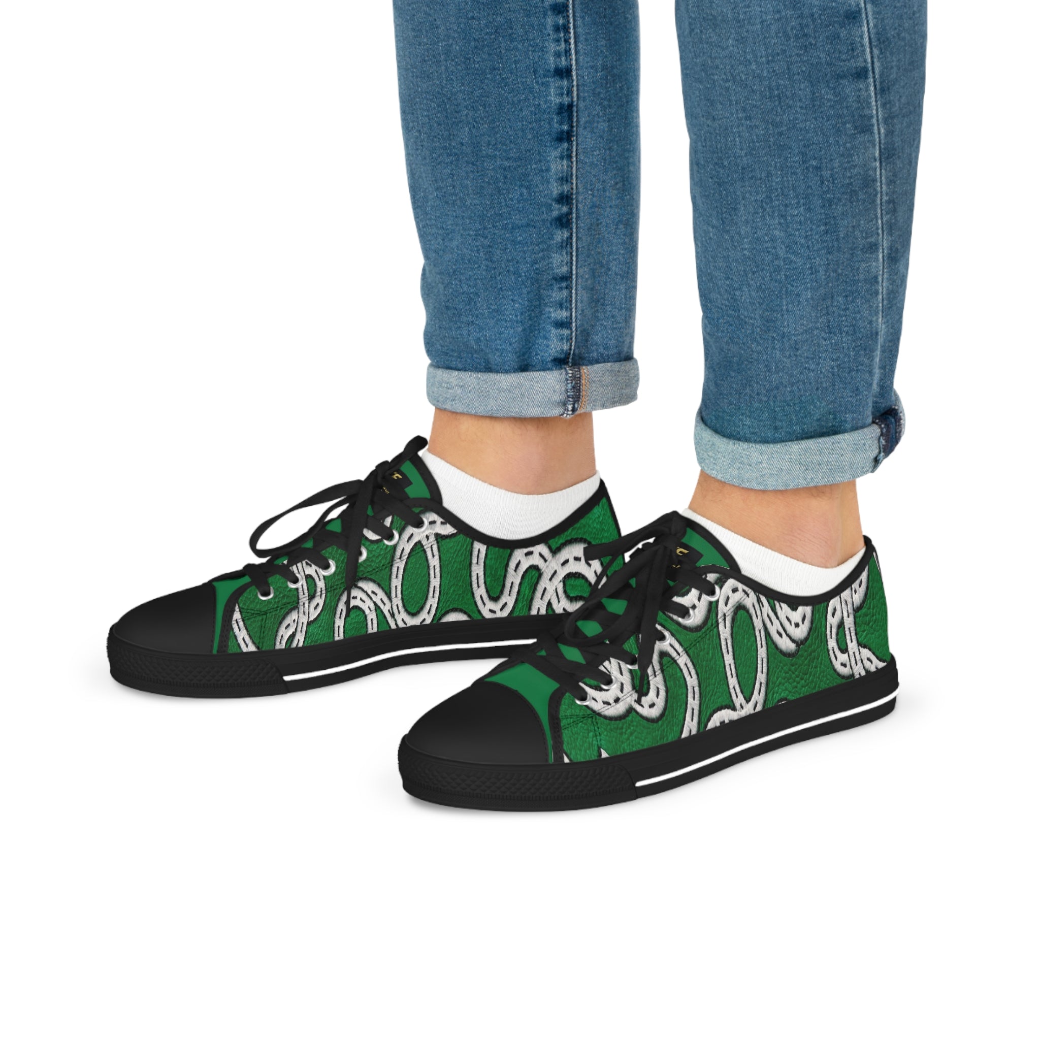 Road Design Canvas Shoes on Green Leather Print.
