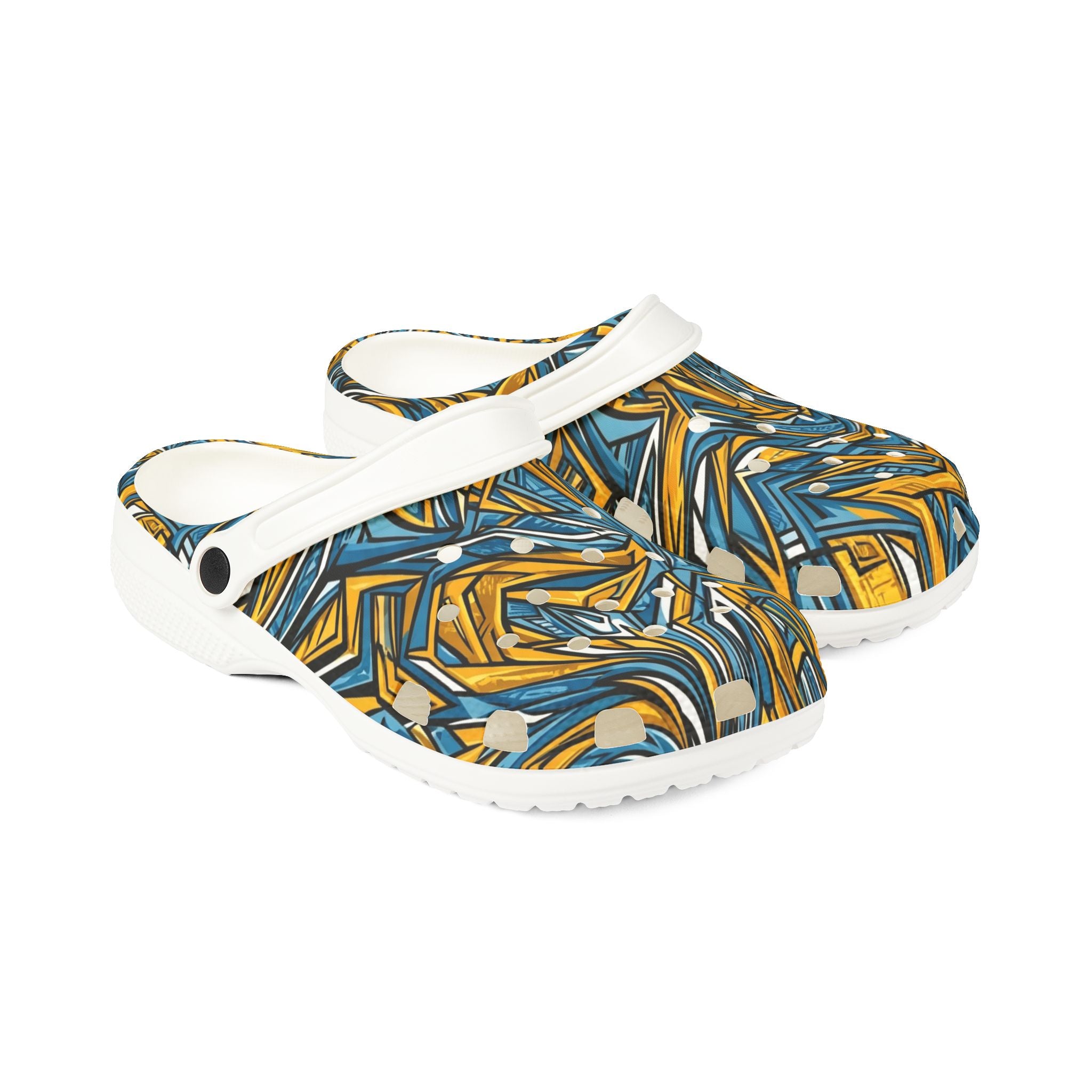 Abstract Blue & Gold EVA Foam Clogs — Slip-On Comfort