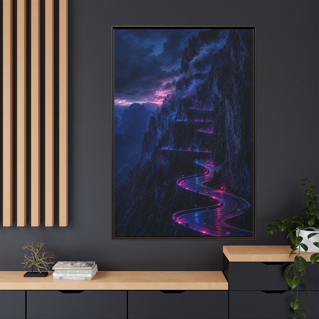 Neon Mountain Road Matte Canvas Print — Framed Nightscape Wall Art