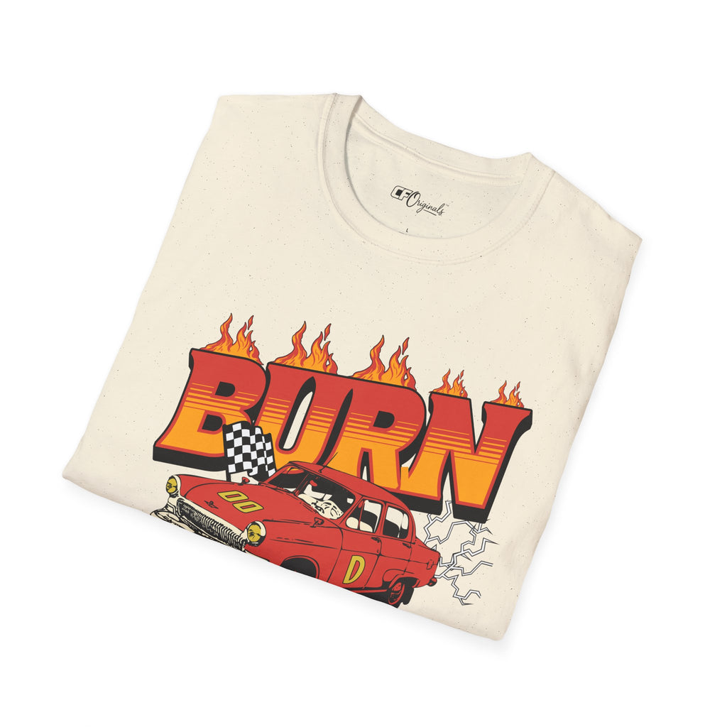 Racing 'BURN' Graphic Tee — Retro Flaming Racecar Chicago Track Shirt