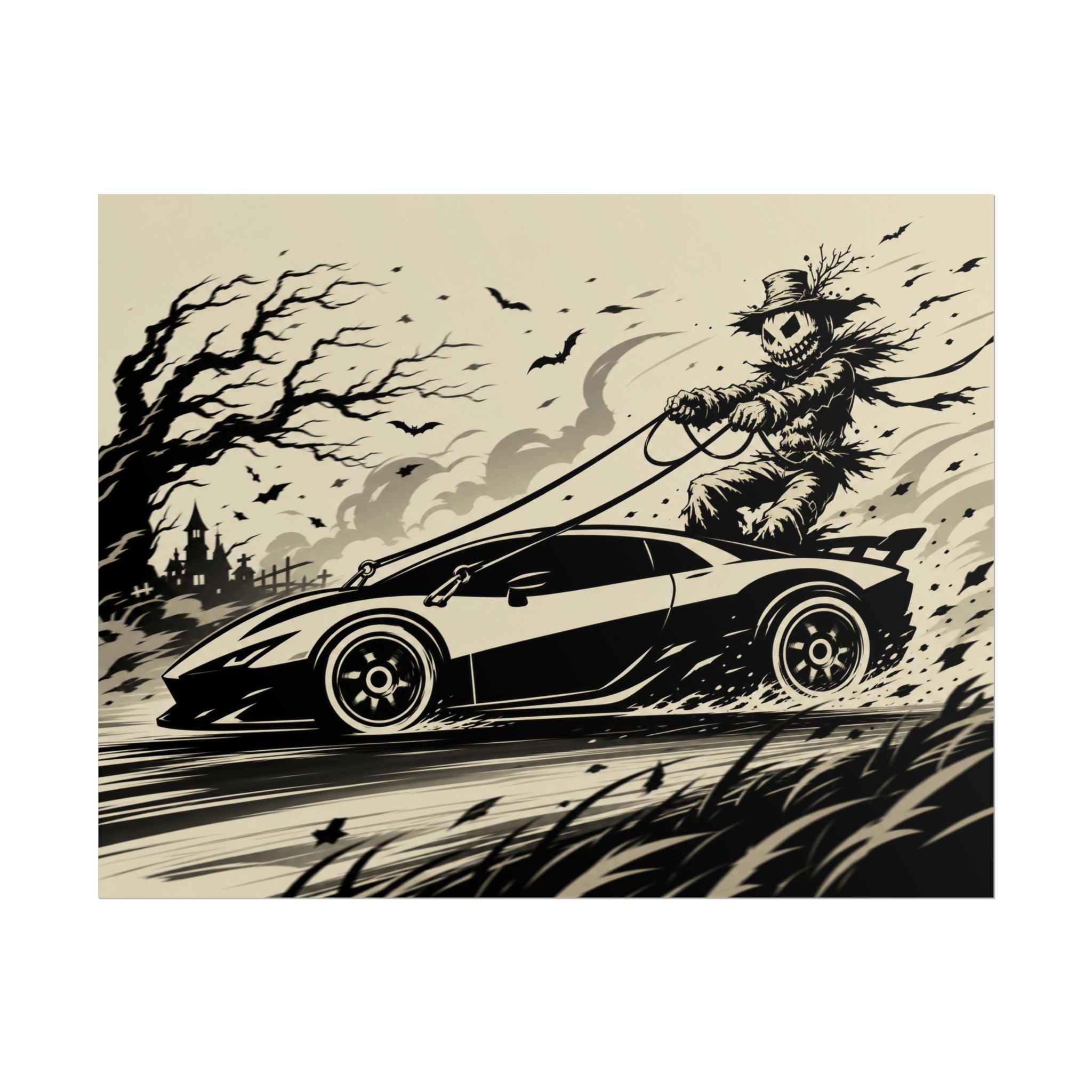 Poster - Scarecrow Driving Sports Car Vintage Halloween Art Print
