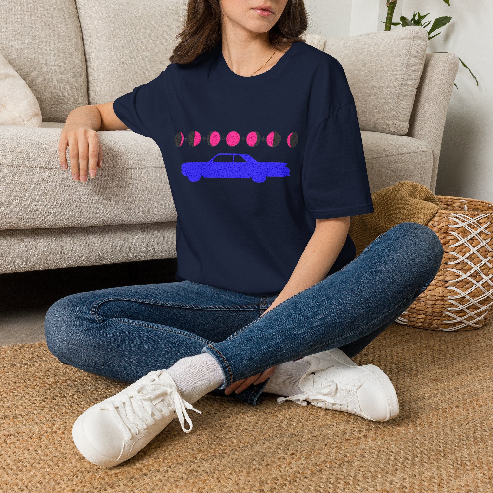 Retro Moon Phase Car T‑Shirt — Blue Classic Car with Pink Moon Phases