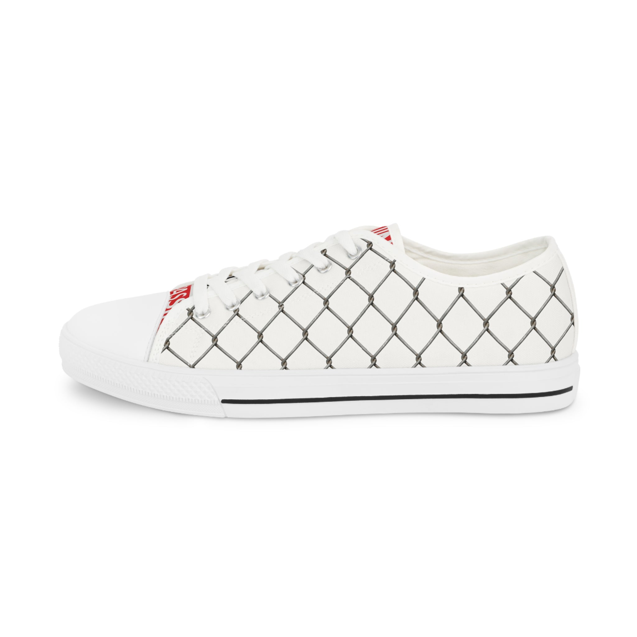Men's Low Top Sneakers — White Canvas Chain-Link Pattern with 'Surveillance' Tongue