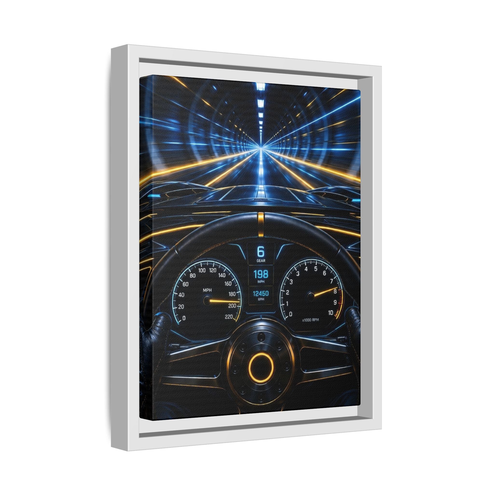 Tunnel Drive Framed Canvas Print — Retro Futuristic Car Dashboard Wall Art