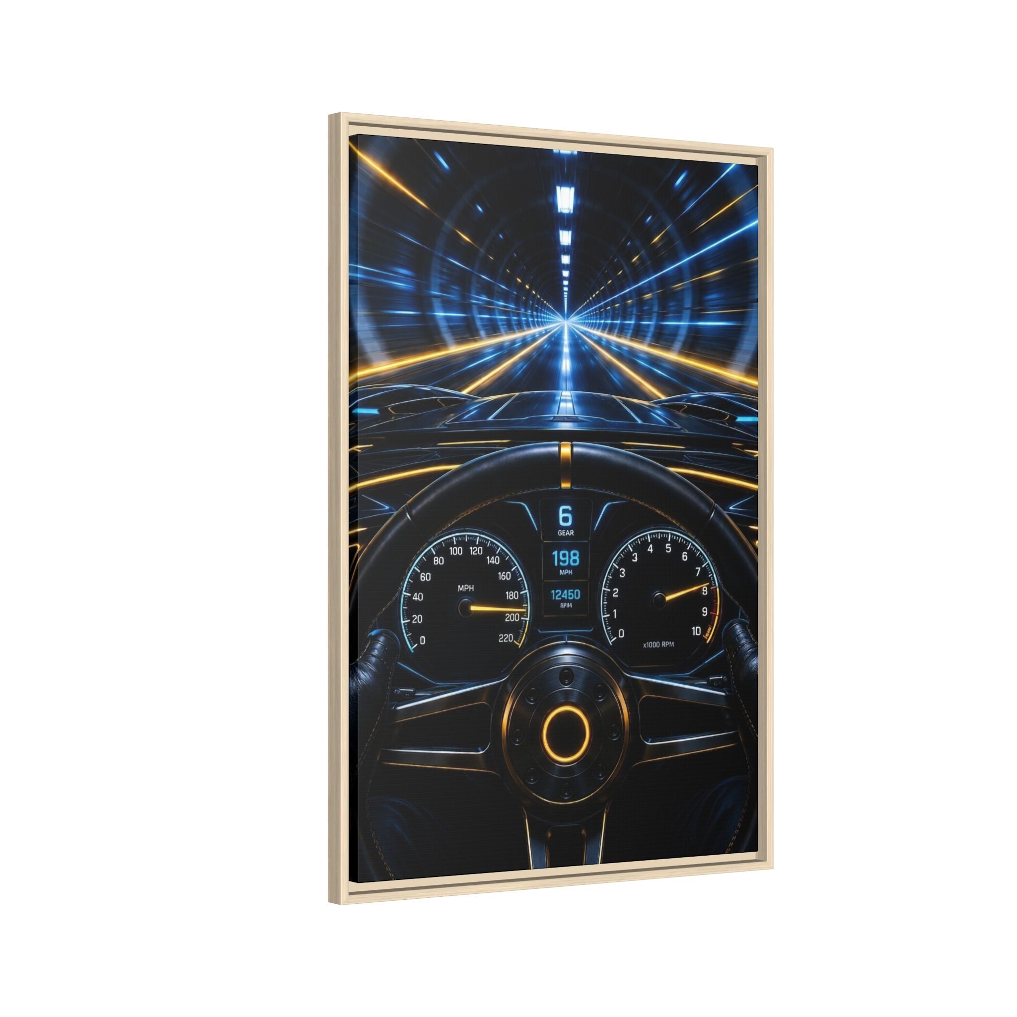 Tunnel Drive Framed Canvas Print — Retro Futuristic Car Dashboard Wall Art