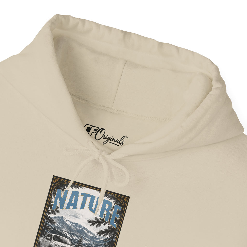Nature Is Calling Hoodie — Scenic Mountain Graphic Hooded Sweatshirt with Sleeve Paisley Art