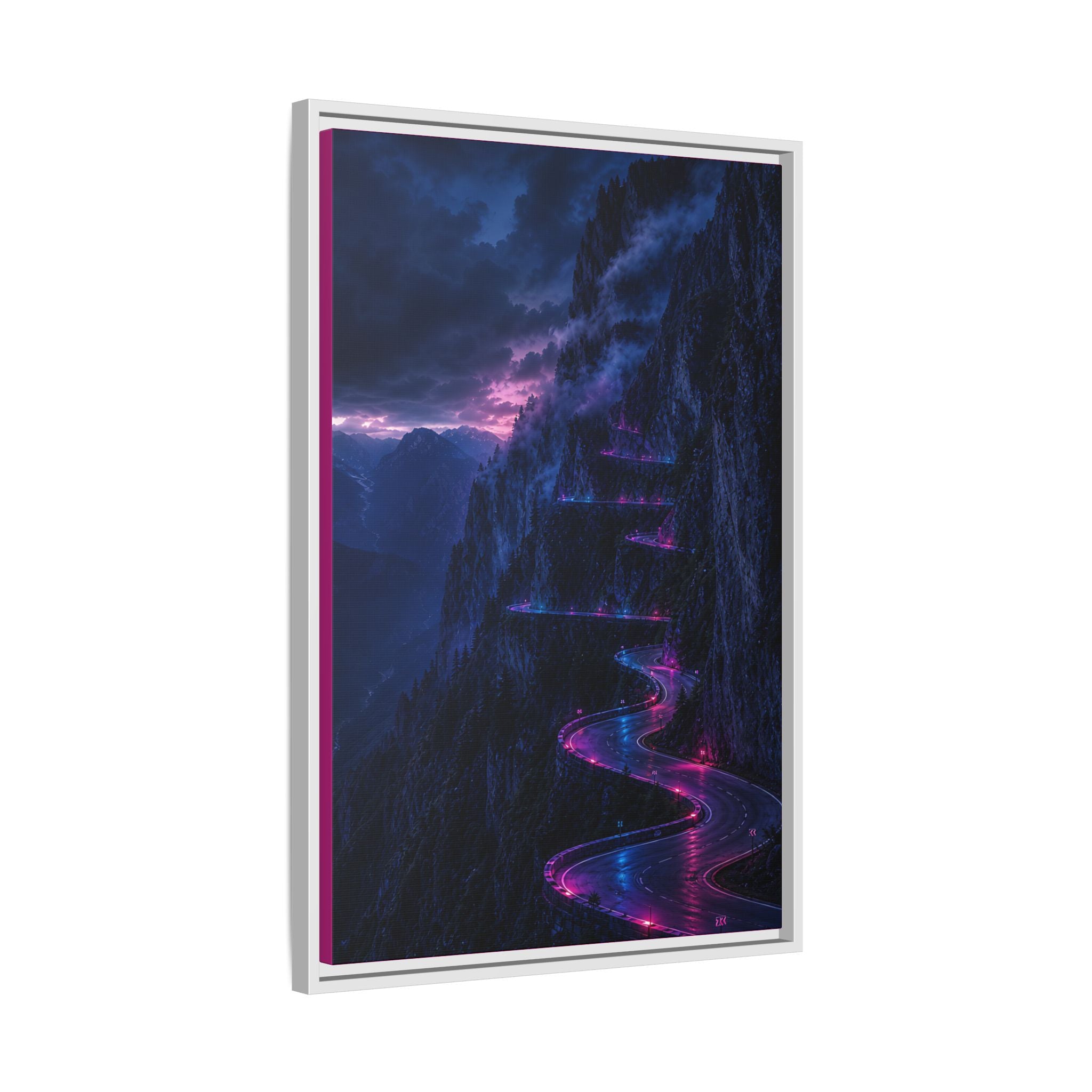 Neon Mountain Road Matte Canvas Print — Framed Nightscape Wall Art