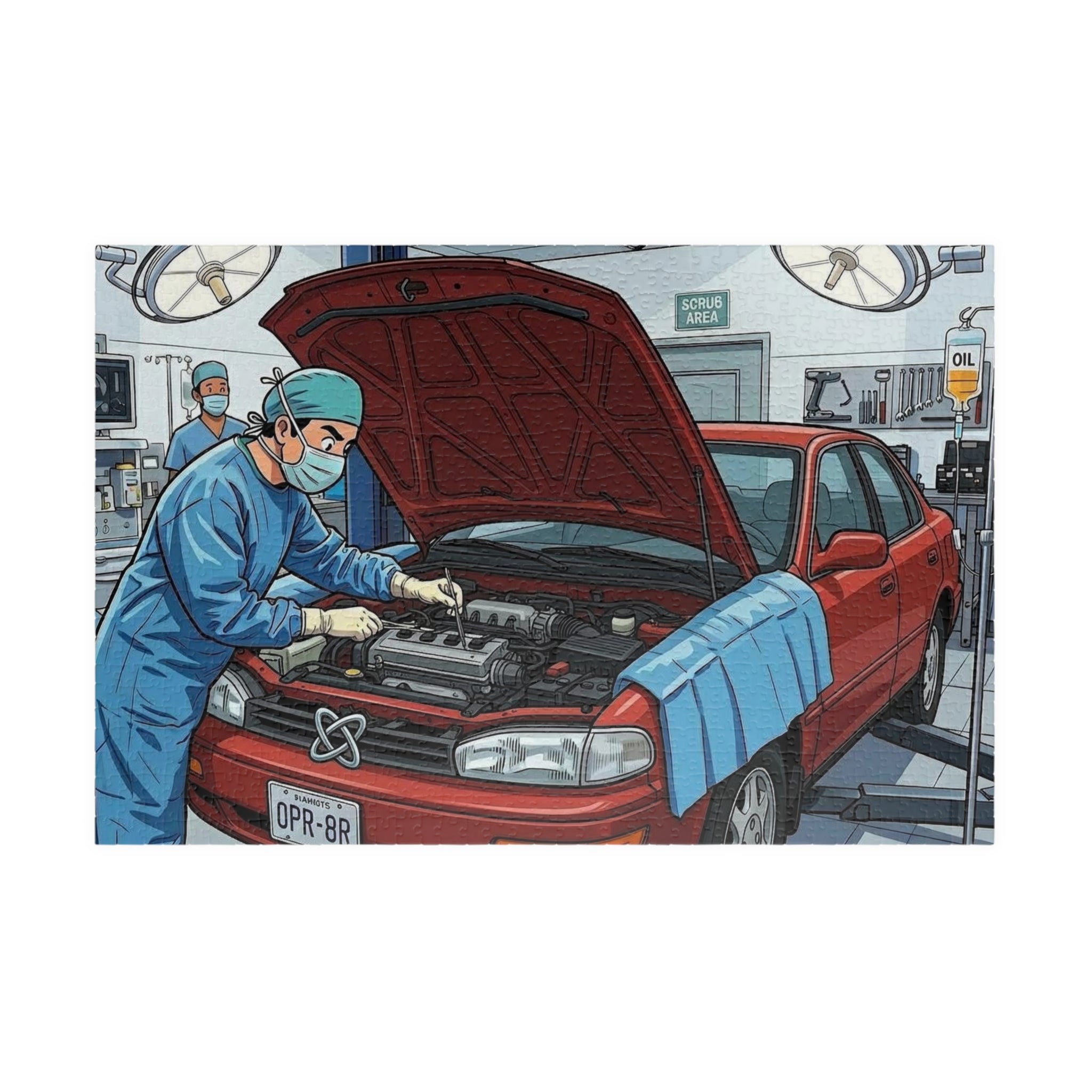 Car Surgery Operation Puzzle — Automotive Repair Illustration Jigsaw (110/252/520/1014 pcs)