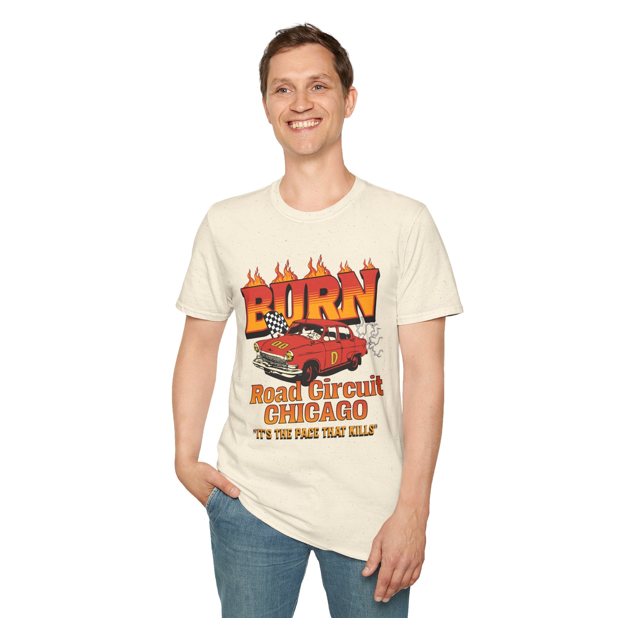 Racing 'BURN' Graphic Tee — Retro Flaming Racecar Chicago Track Shirt