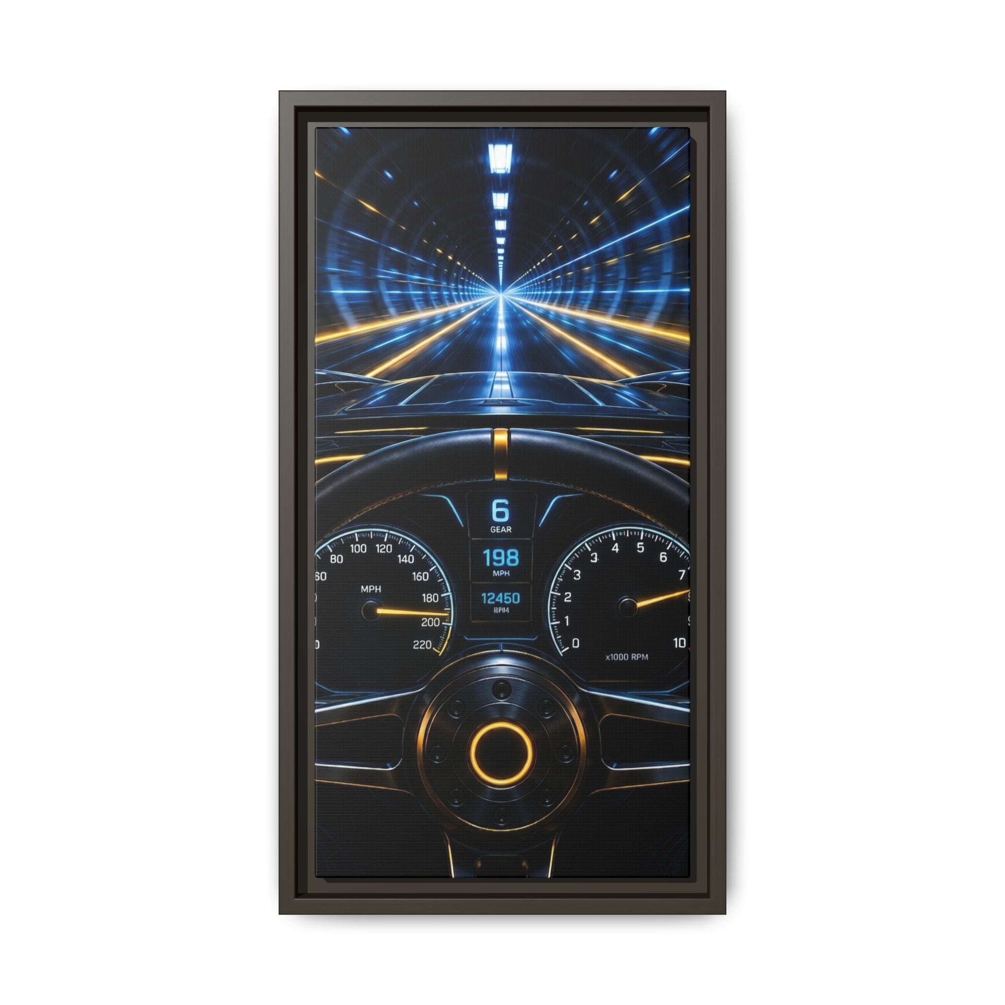 Tunnel Drive Framed Canvas Print — Retro Futuristic Car Dashboard Wall Art