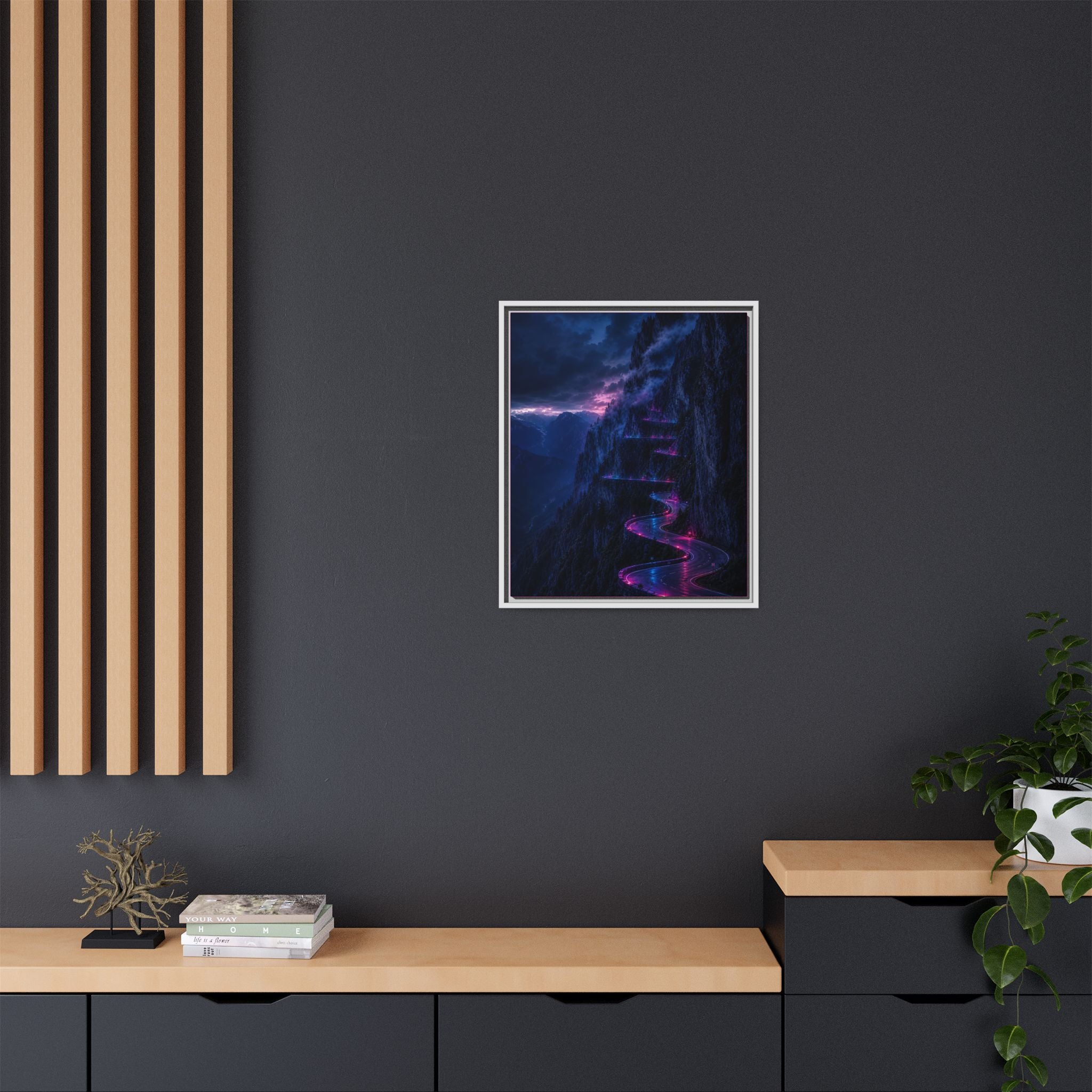 Neon Mountain Road Matte Canvas Print — Framed Nightscape Wall Art