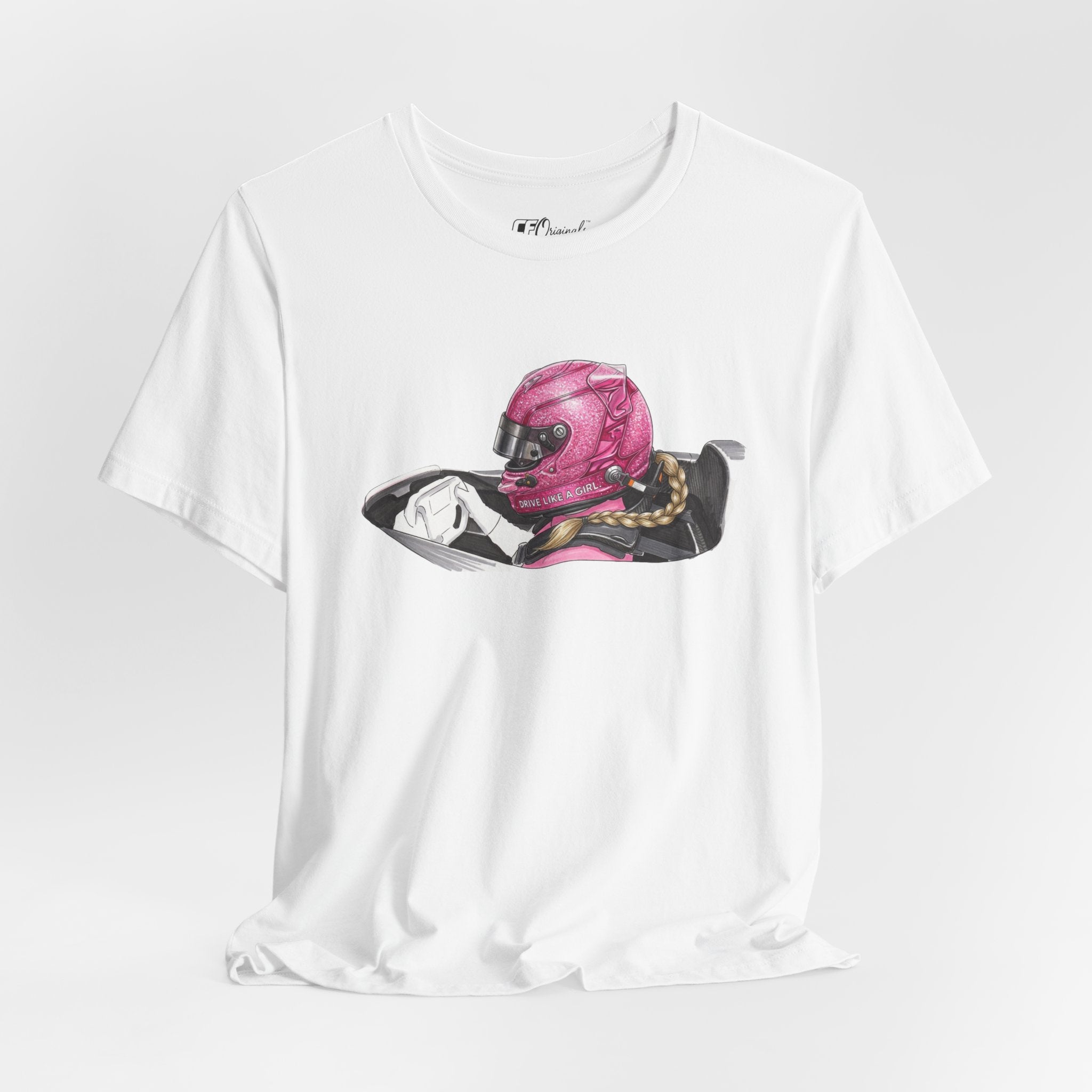 Drive Like a Girl — Pink Racing Helmet Graphic T-Shirt