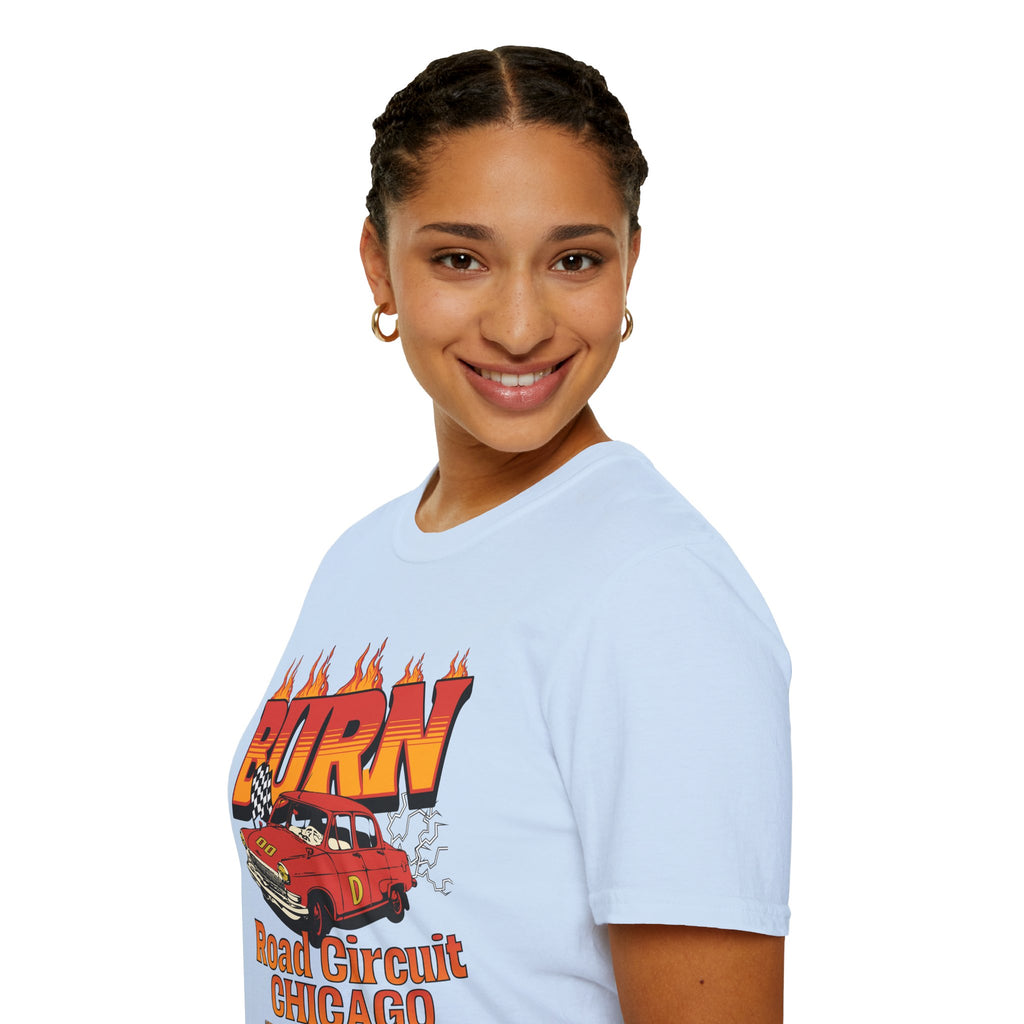 Racing 'BURN' Graphic Tee — Retro Flaming Racecar Chicago Track Shirt