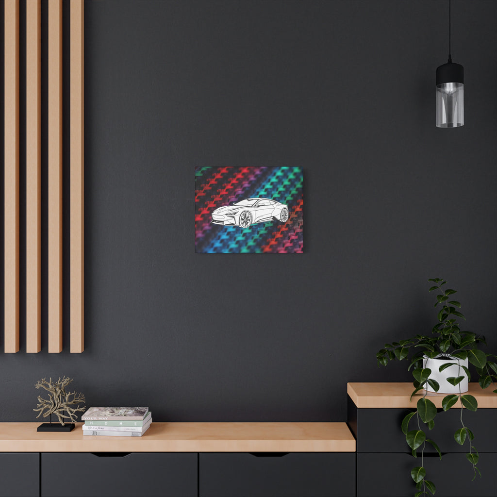 Modern Sports Car Canvas Wall Art – White Line Drawing on Rainbow Carbon Fiber Background