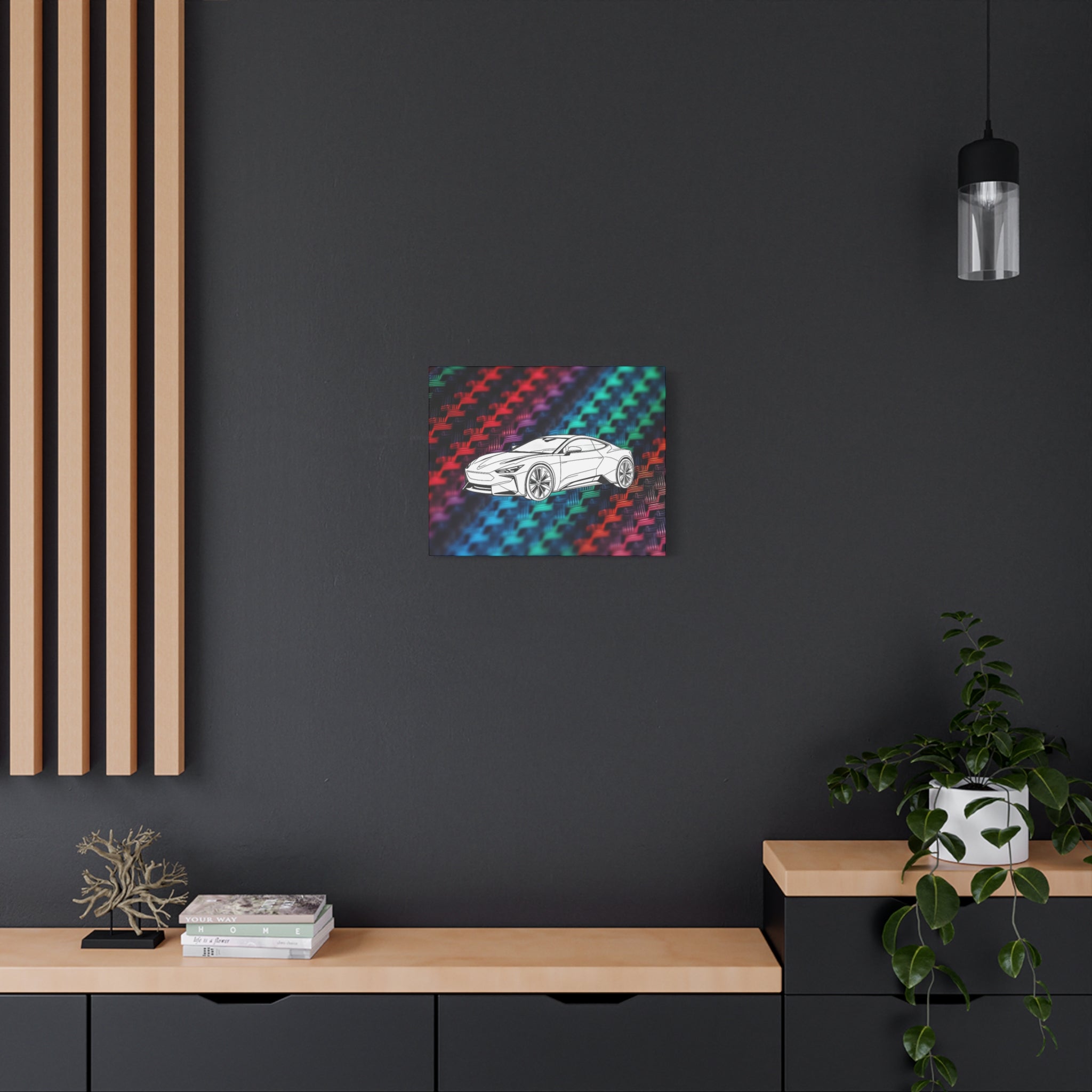 Modern Sports Car Canvas Wall Art – White Line Drawing on Rainbow Carbon Fiber Background