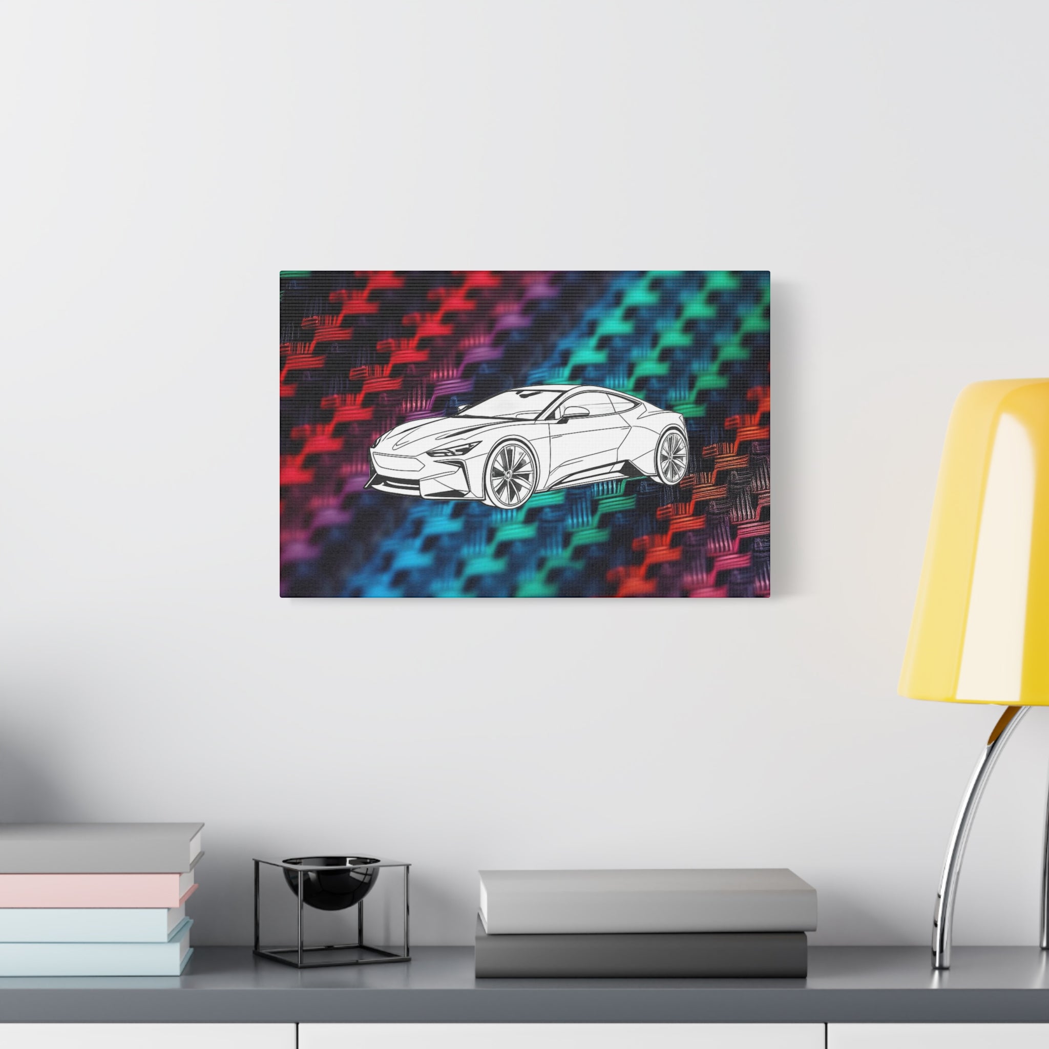 Modern Sports Car Canvas Wall Art – White Line Drawing on Rainbow Carbon Fiber Background