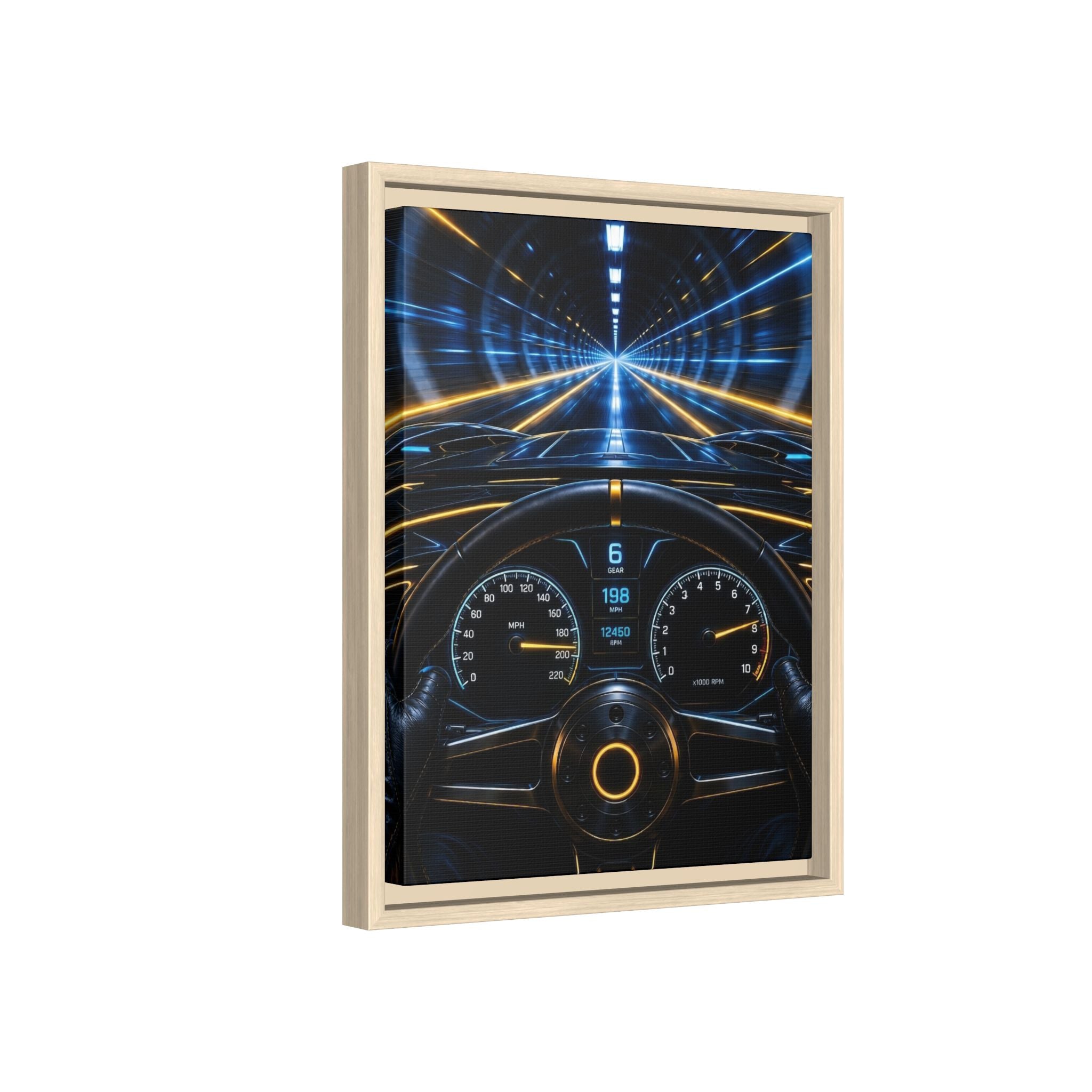Tunnel Drive Framed Canvas Print — Retro Futuristic Car Dashboard Wall Art