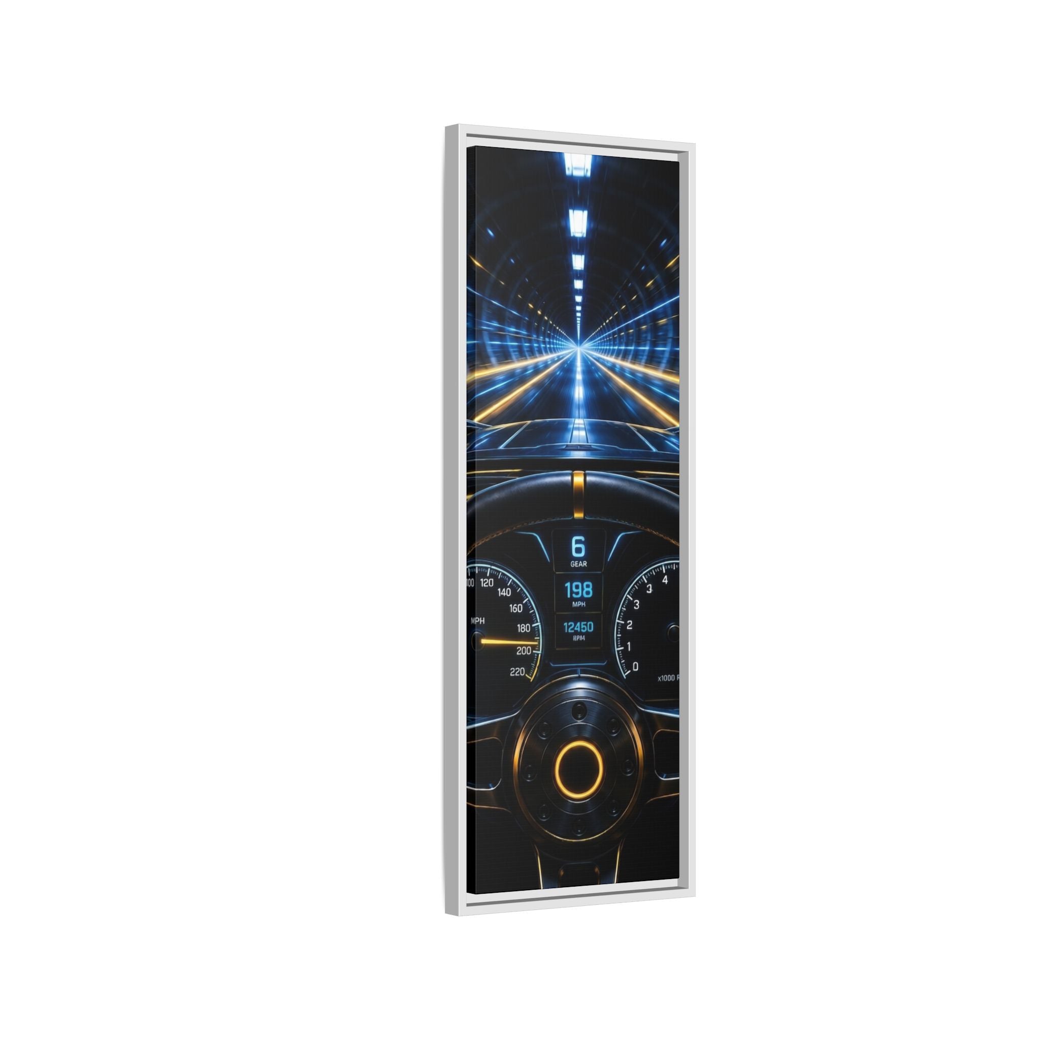 Tunnel Drive Framed Canvas Print — Retro Futuristic Car Dashboard Wall Art