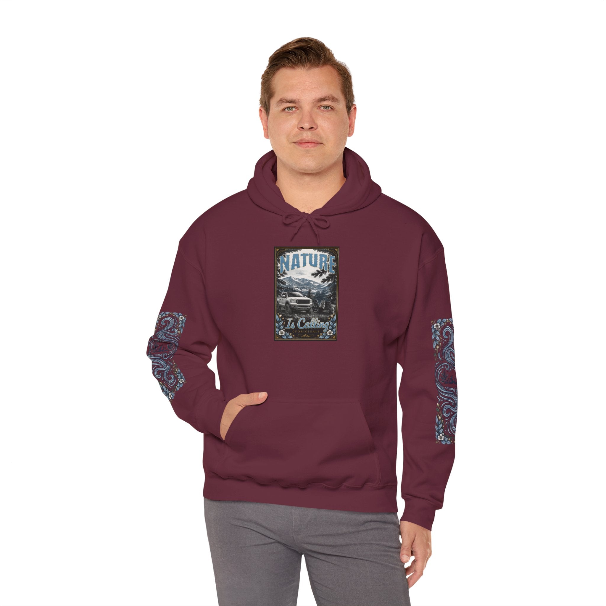Nature Is Calling Hoodie — Scenic Mountain Graphic Hooded Sweatshirt with Sleeve Paisley Art