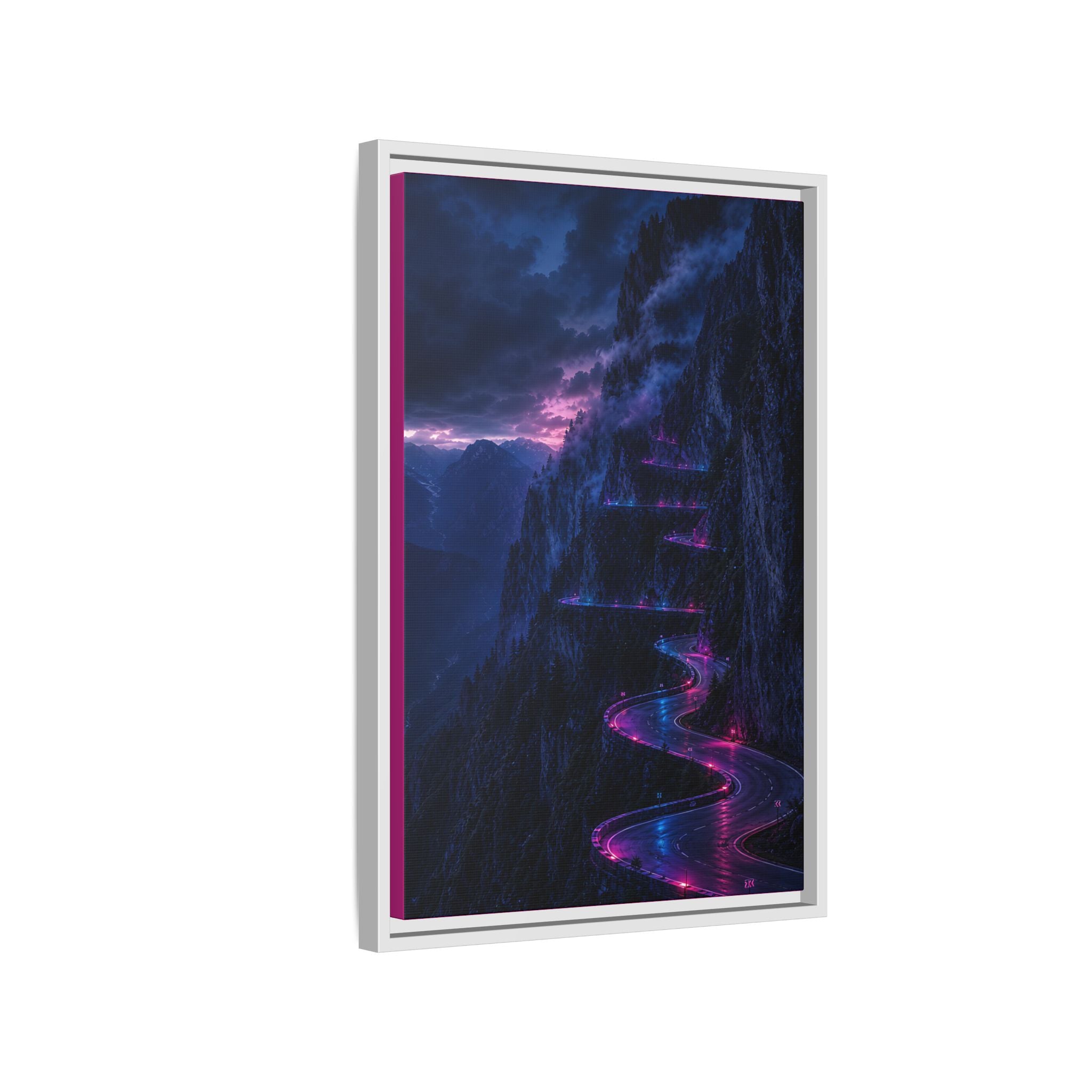 Neon Mountain Road Matte Canvas Print — Framed Nightscape Wall Art