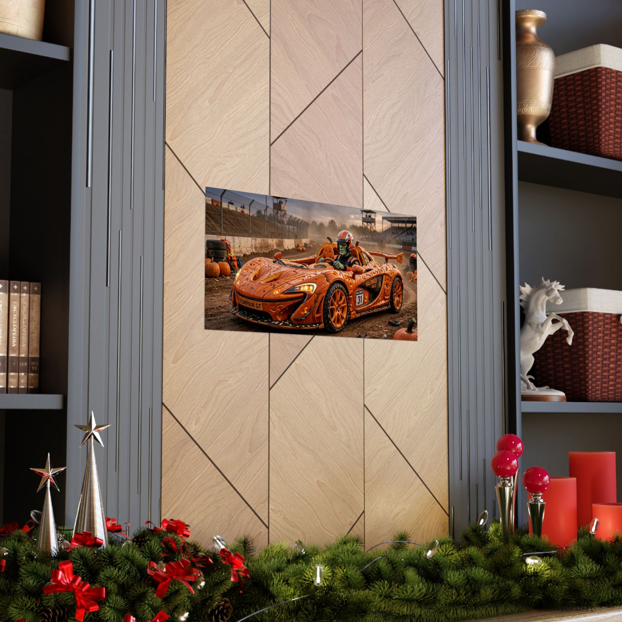 Halloween Race Car Poster — Orange Pumpkin Sports Car Matte Horizontal Print