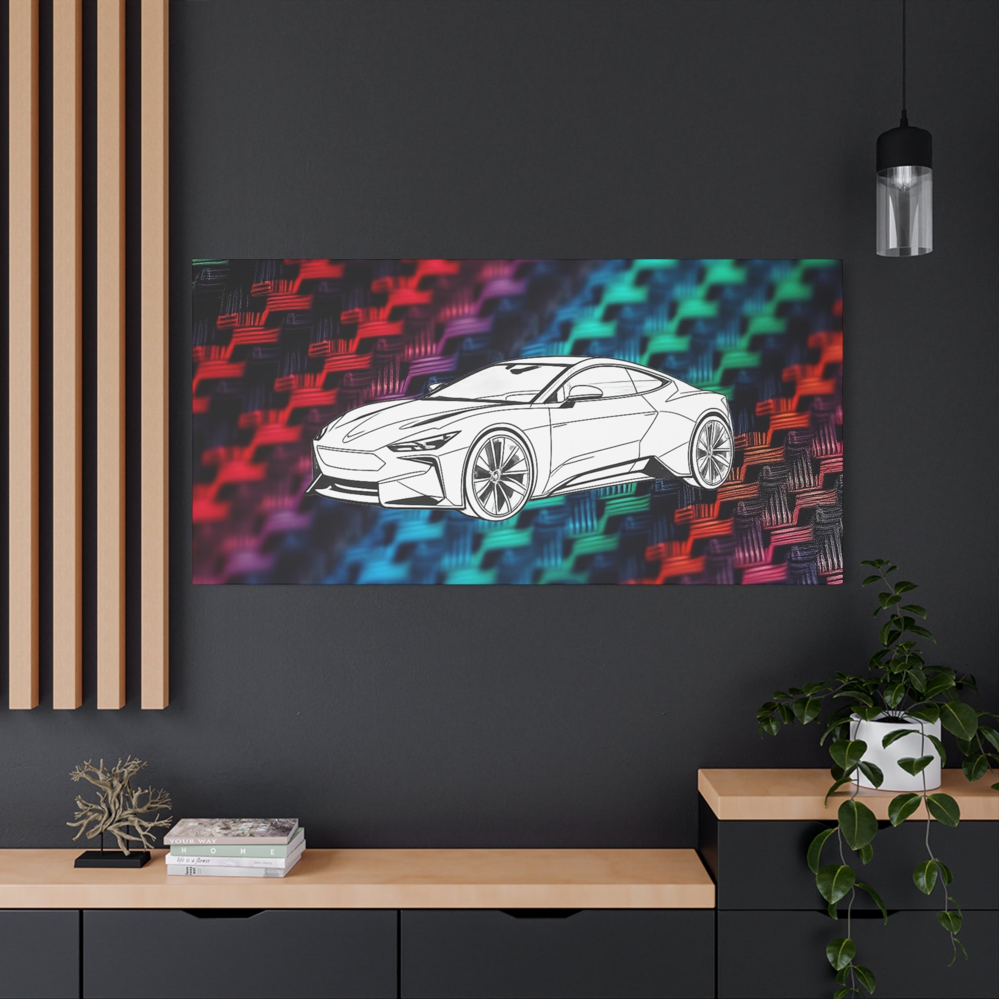 Modern Sports Car Canvas Wall Art – White Line Drawing on Rainbow Carbon Fiber Background