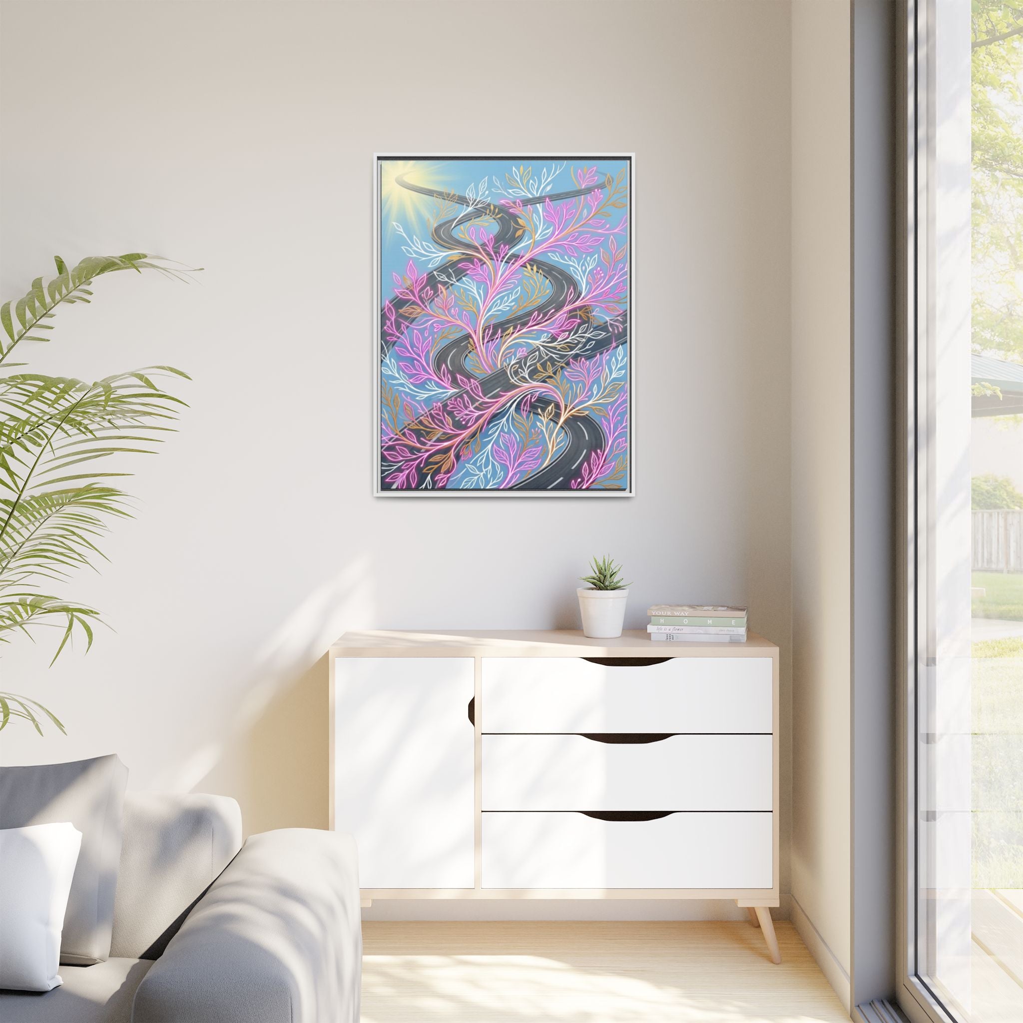 Framed Matte Canvas Floral Vines Wall Art — Pastel Botanical Abstract