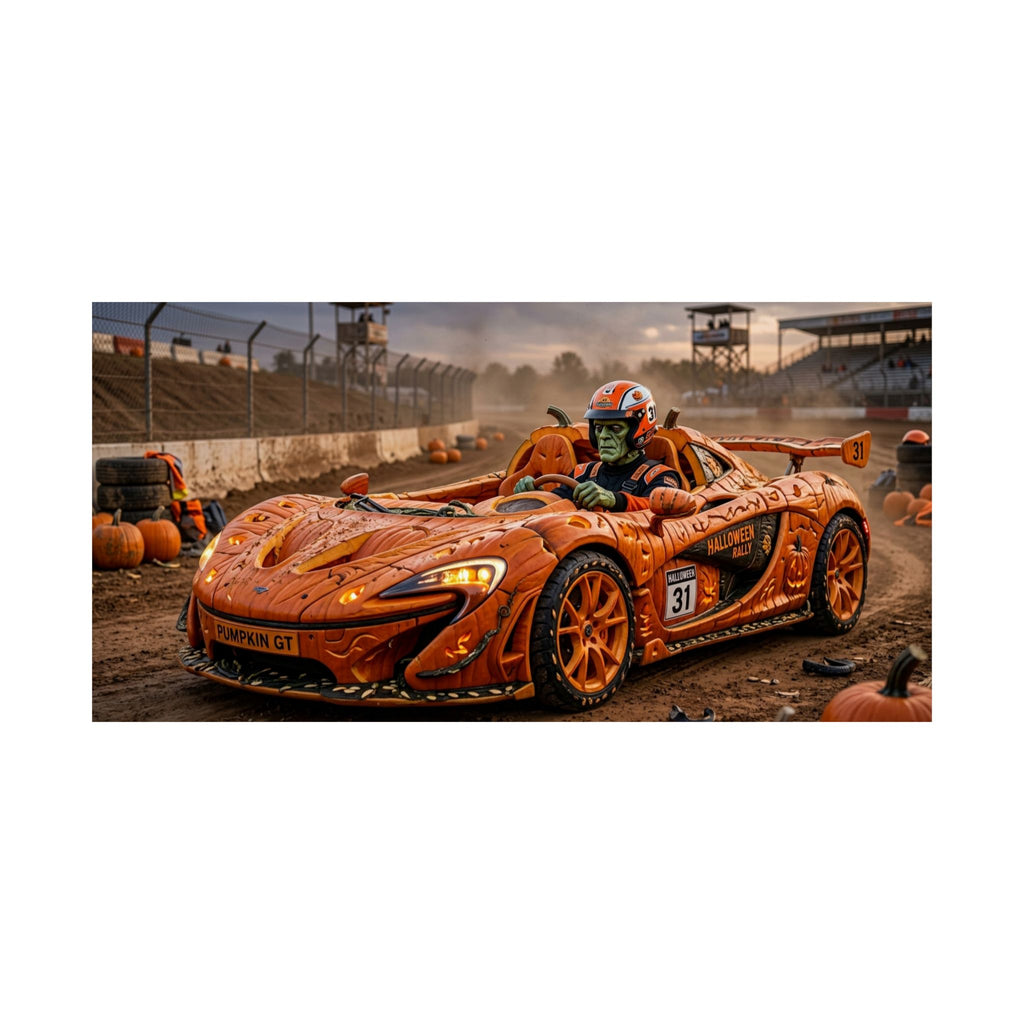 Halloween Race Car Poster — Orange Pumpkin Sports Car Matte Horizontal Print