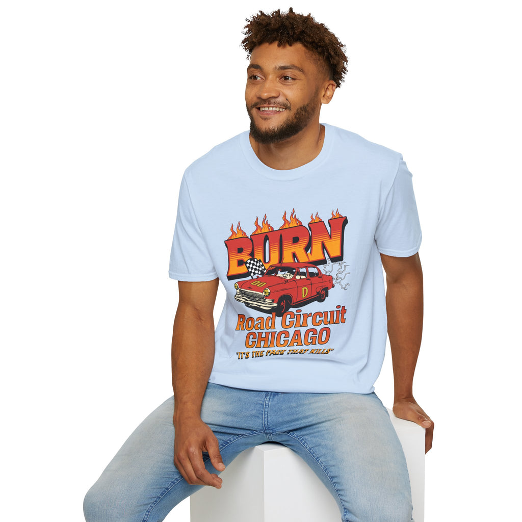 Racing 'BURN' Graphic Tee — Retro Flaming Racecar Chicago Track Shirt