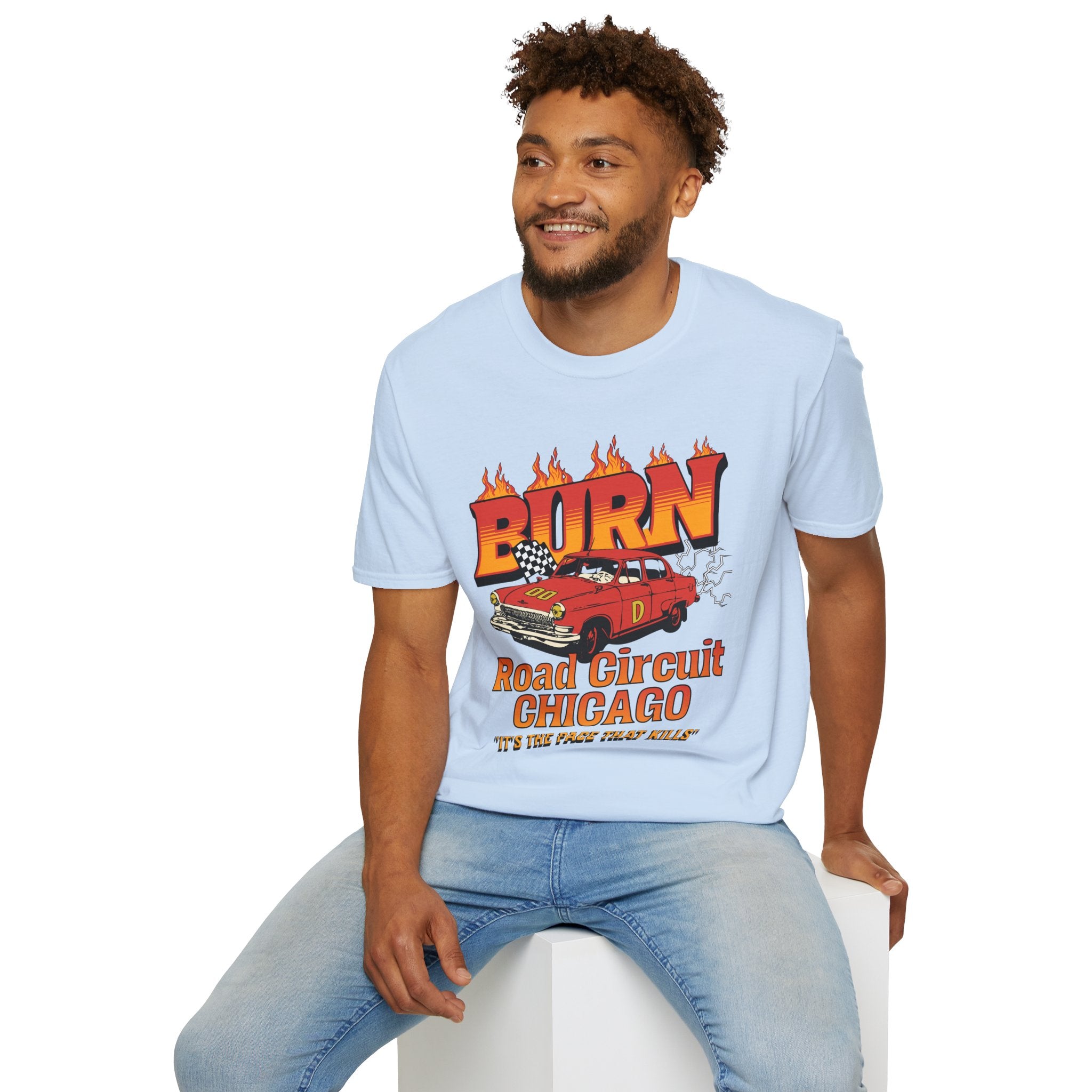 Racing 'BURN' Graphic Tee — Retro Flaming Racecar Chicago Track Shirt