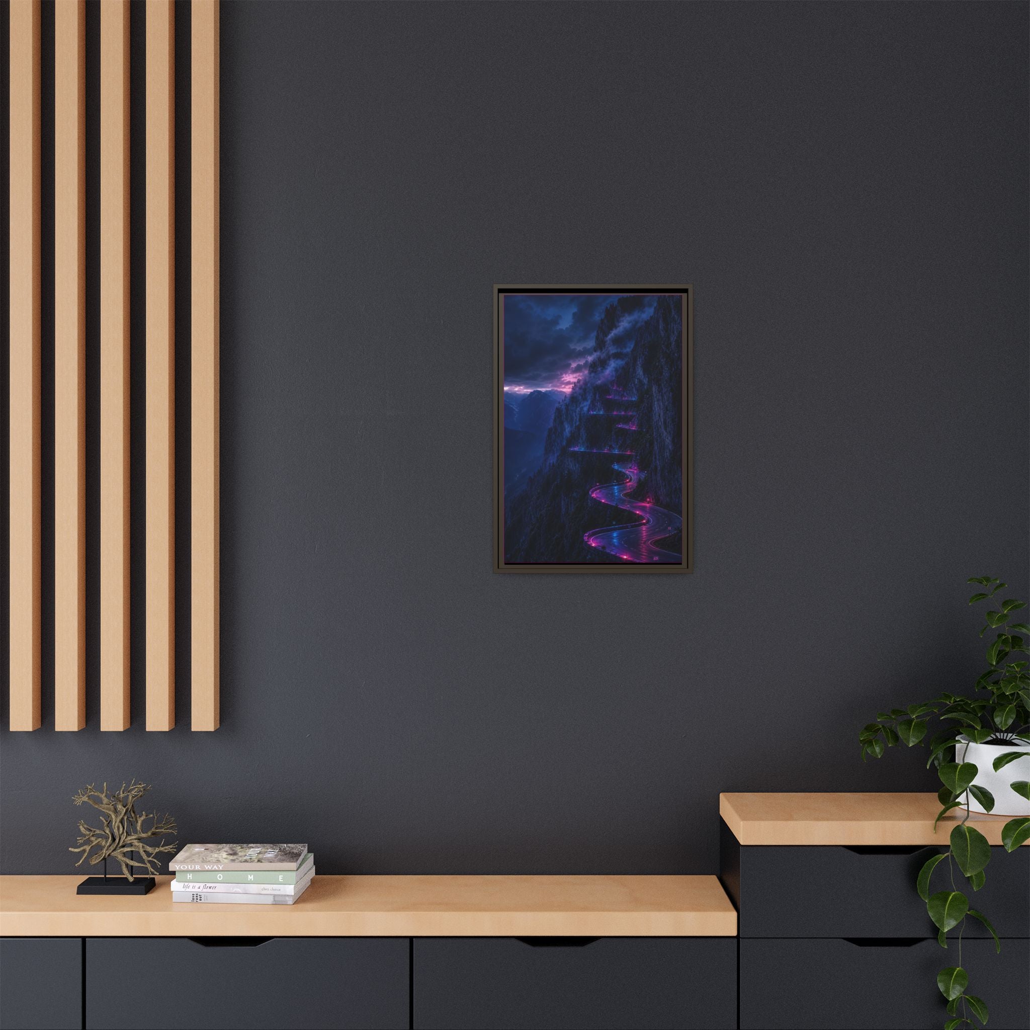 Neon Mountain Road Matte Canvas Print — Framed Nightscape Wall Art