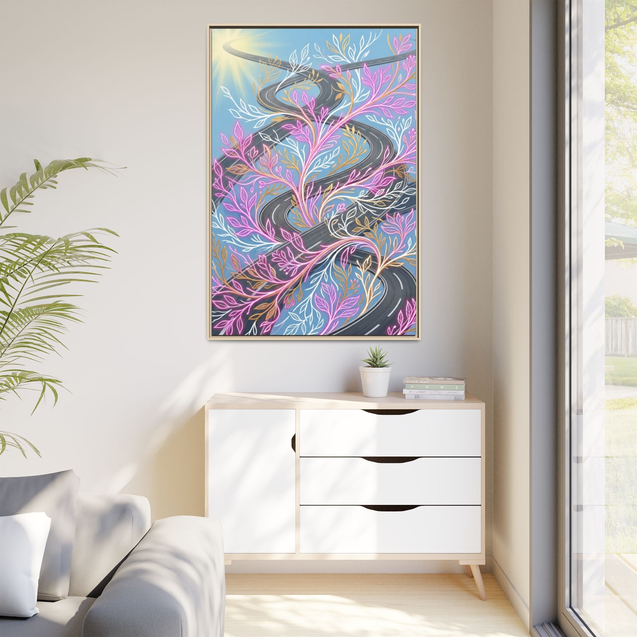 Framed Matte Canvas Floral Vines Wall Art — Pastel Botanical Abstract