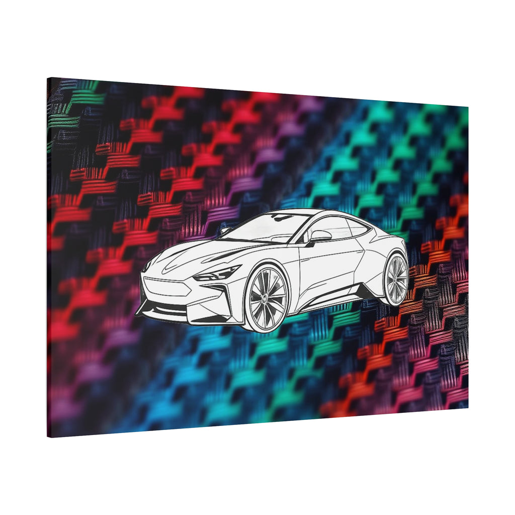 Modern Sports Car Canvas Wall Art – White Line Drawing on Rainbow Carbon Fiber Background