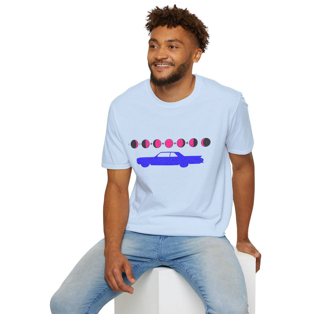 Retro Moon Phase Car T‑Shirt — Blue Classic Car with Pink Moon Phases