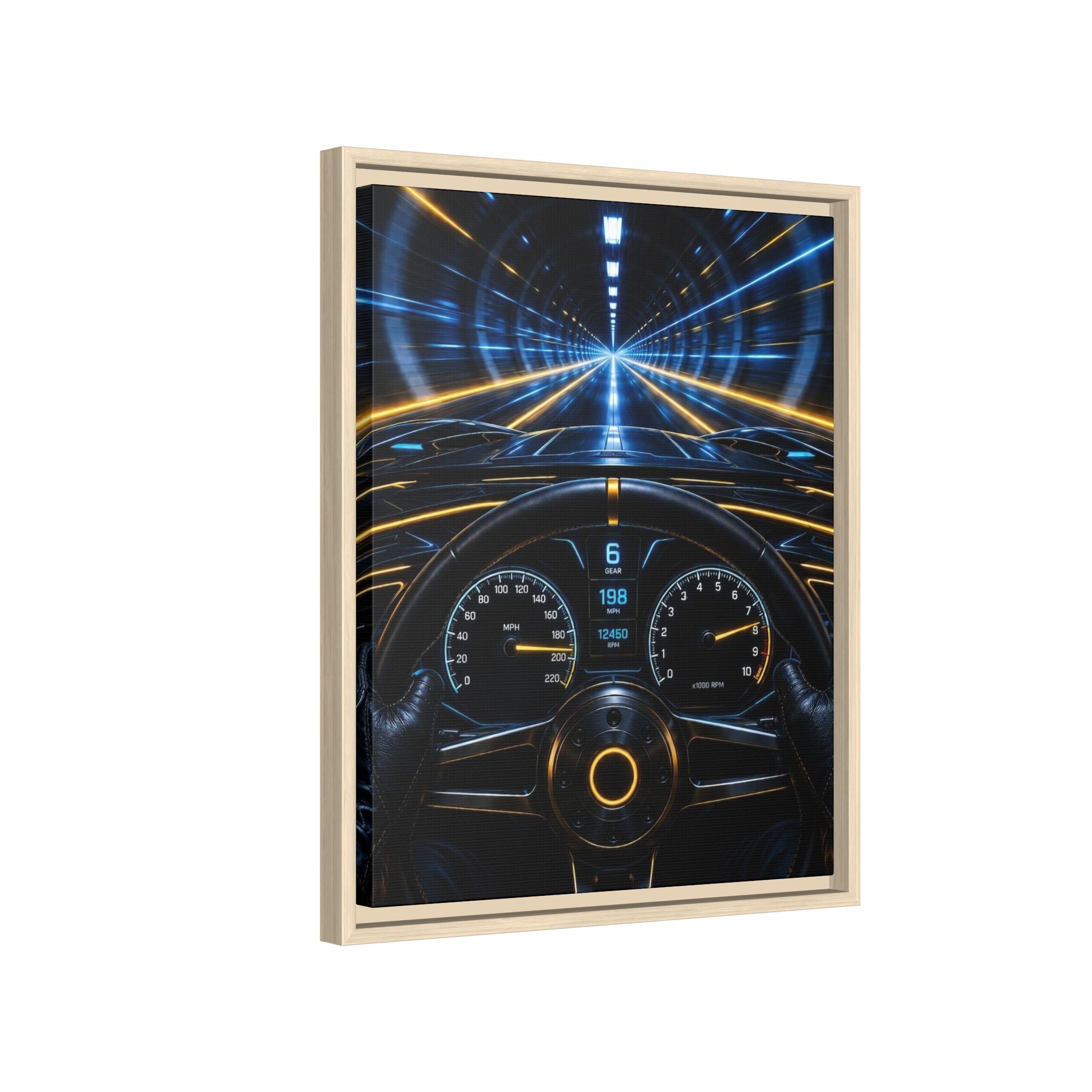 Tunnel Drive Framed Canvas Print — Retro Futuristic Car Dashboard Wall Art