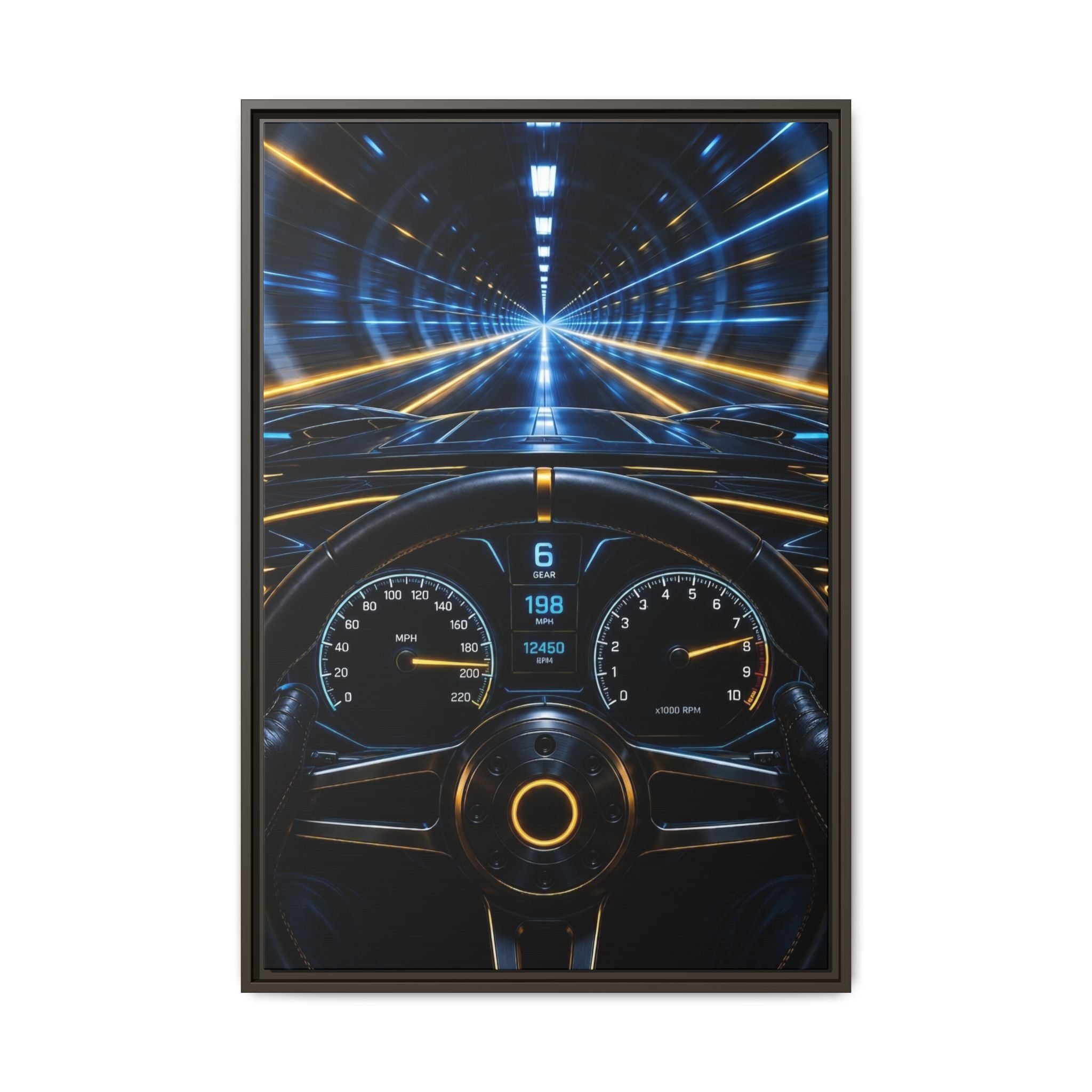 Tunnel Drive Framed Canvas Print — Retro Futuristic Car Dashboard Wall Art