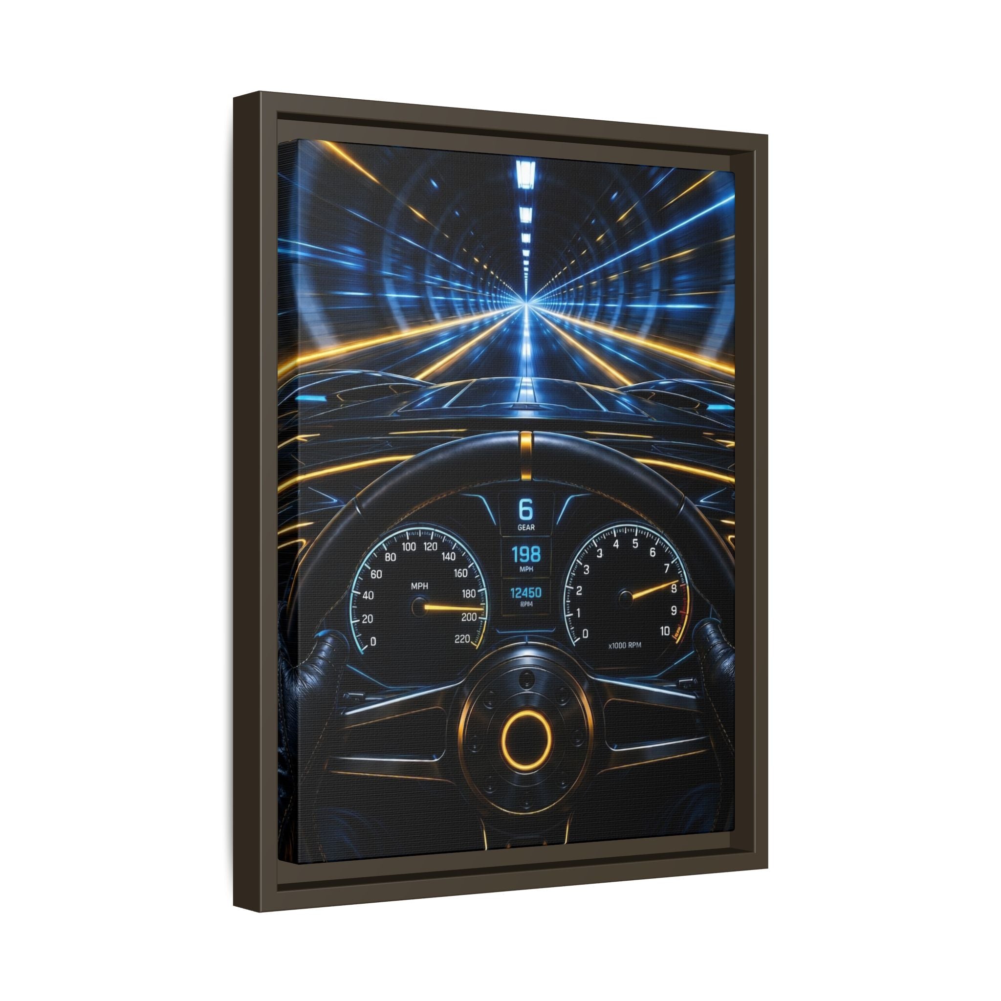 Tunnel Drive Framed Canvas Print — Retro Futuristic Car Dashboard Wall Art